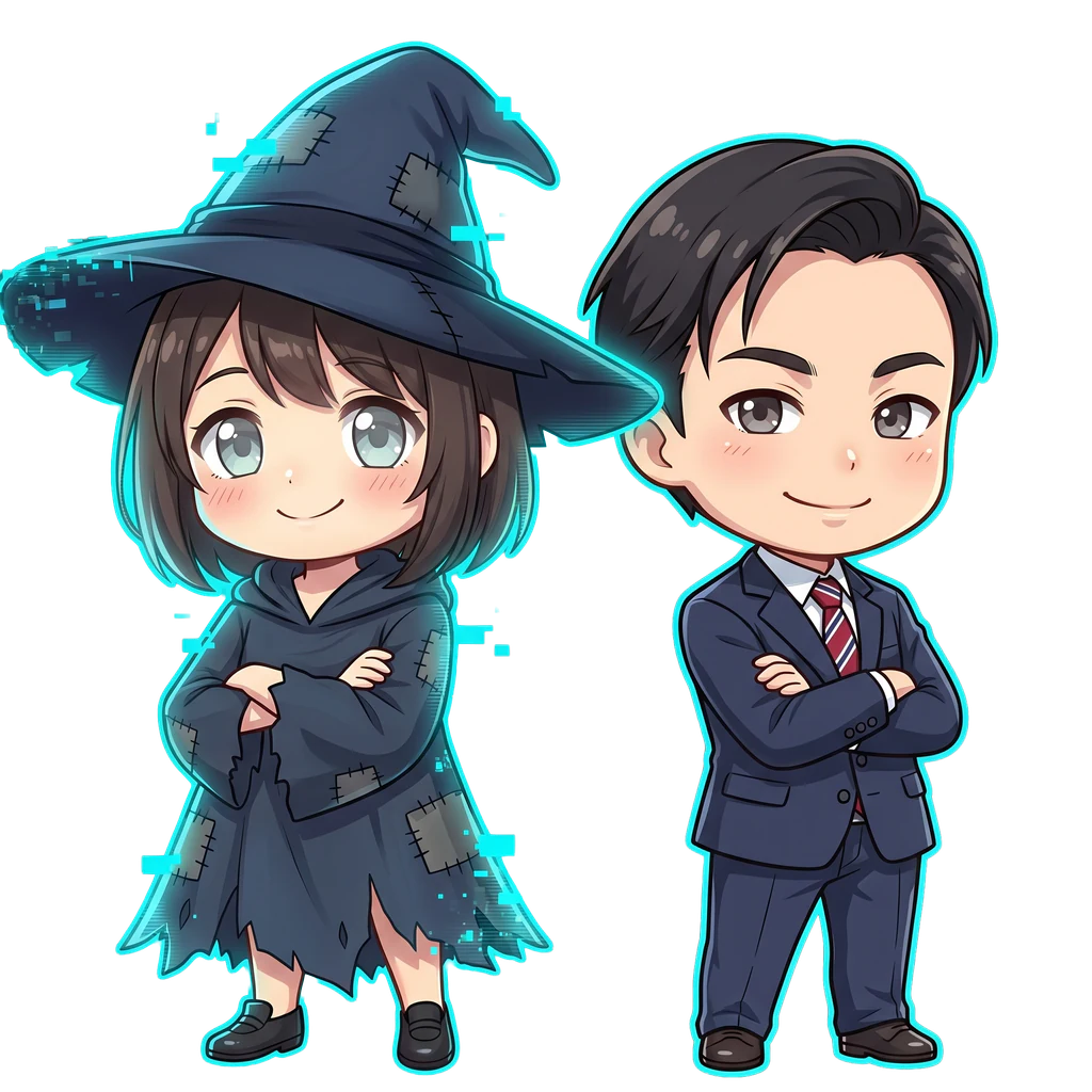 100円ちゃんとスーツ姿の人物のイラスト