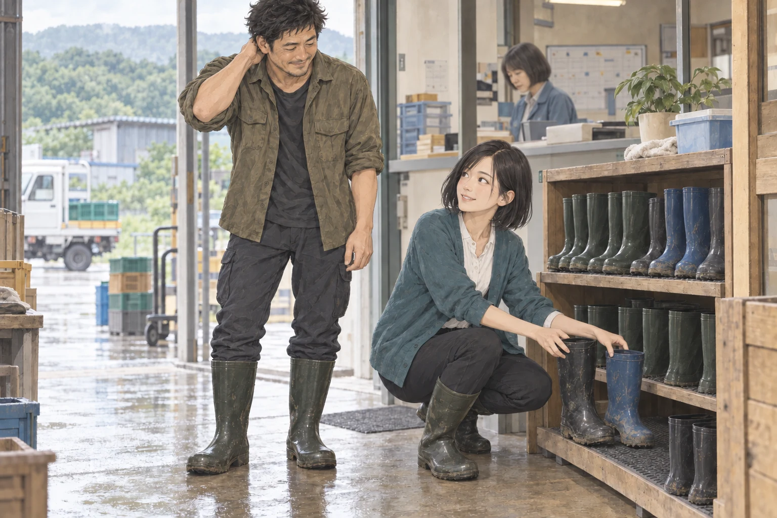 倉庫の入口で、履き直した修司の横から澪が大きさの違う長靴を棚へ戻している。