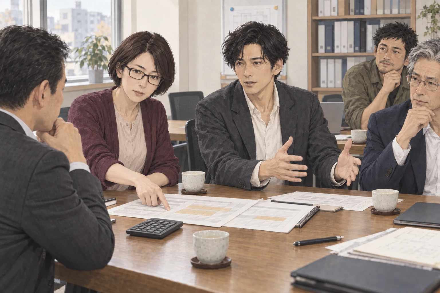理恵が資金繰り表の不足を指し、航が水原へ完成までの費用を説明している。