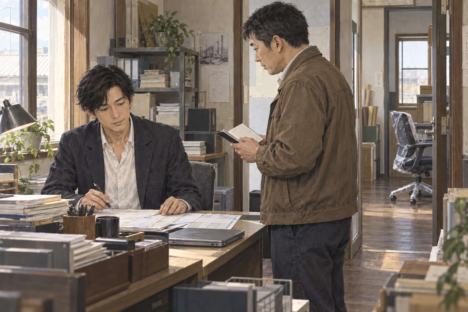 百舎の相談の席で、樋口は座らず手帳を持ち、航の向こうには脚に保護の袋が残る新しい椅子が見えている。