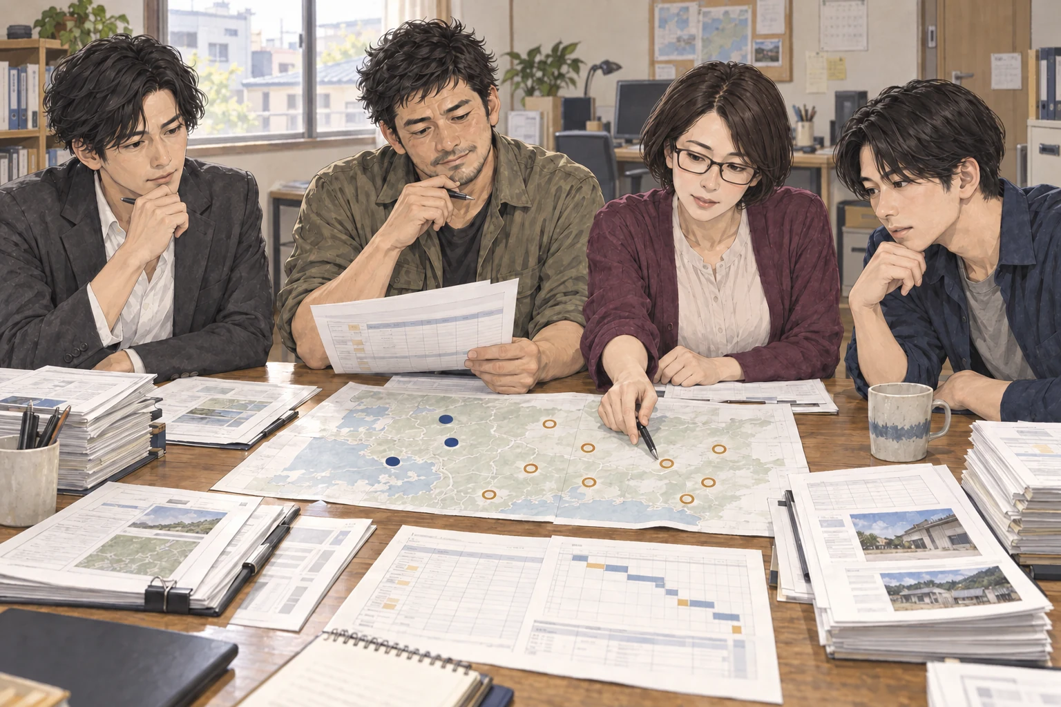 百舎の机を囲む航、修司、理恵、岡野が、稼働済みの三拠点と追加する九拠点の図、日程表、費用の表を見比べている。