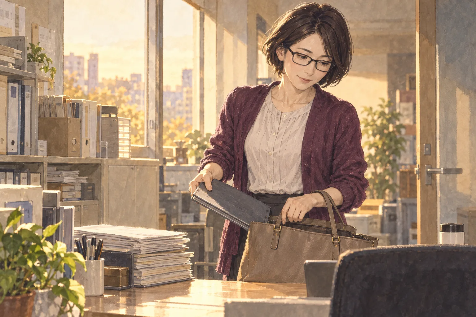 息子の靴を買いに行くため、早く帳面を閉じる理恵。