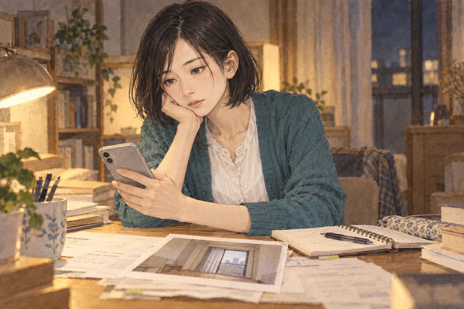 候補の部屋の窓の写真を開き、会社への電話をためらう澪。