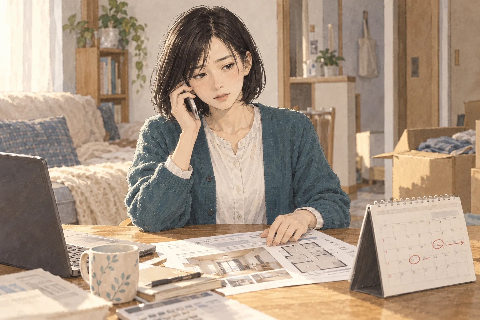 入居日を答えられないまま、住居について電話する澪。