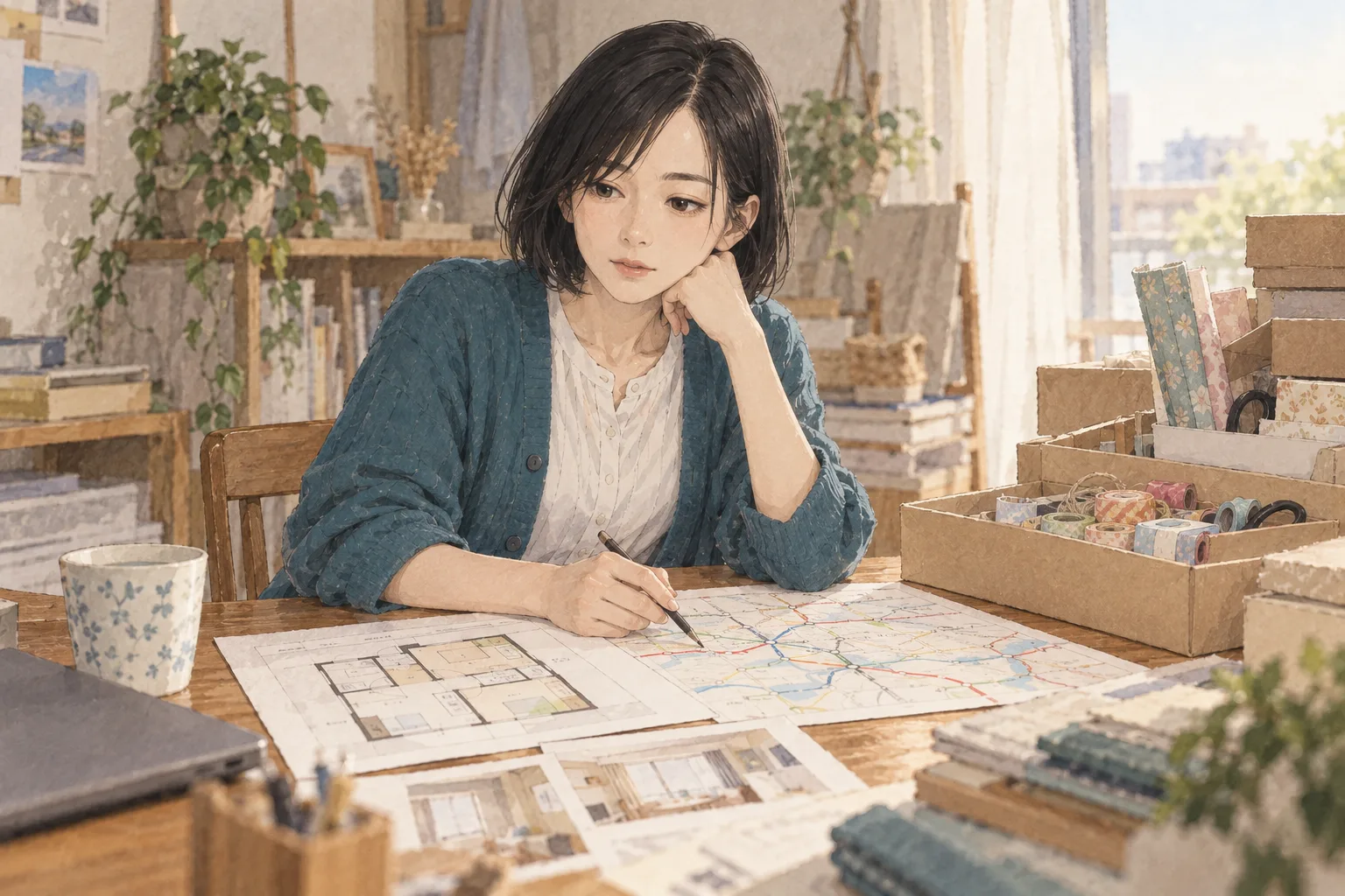 別の部屋の間取りと、必要な材料箱を見比べる澪。