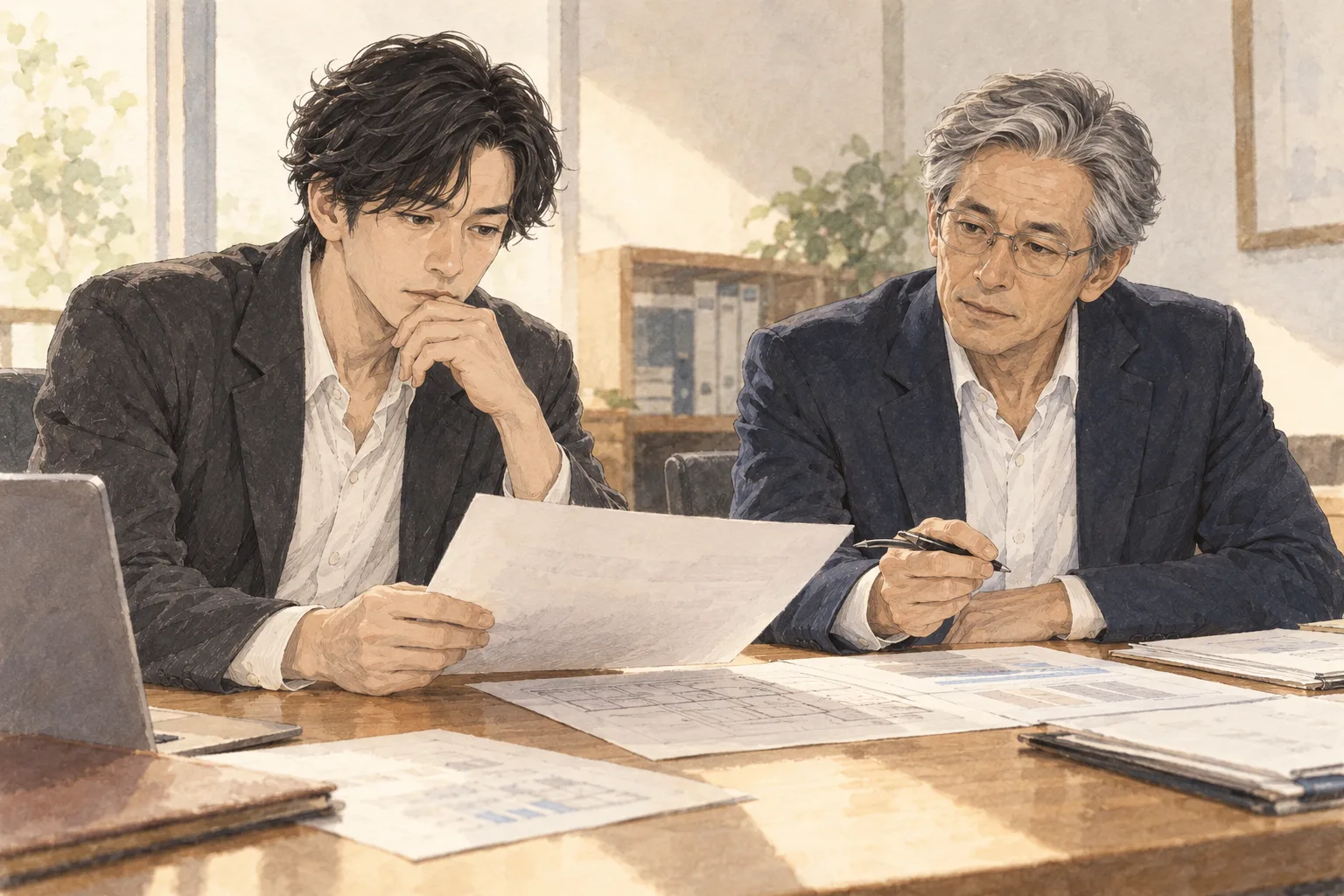 増えた費用と今後の保守を示して、追加融資を相談する航。
