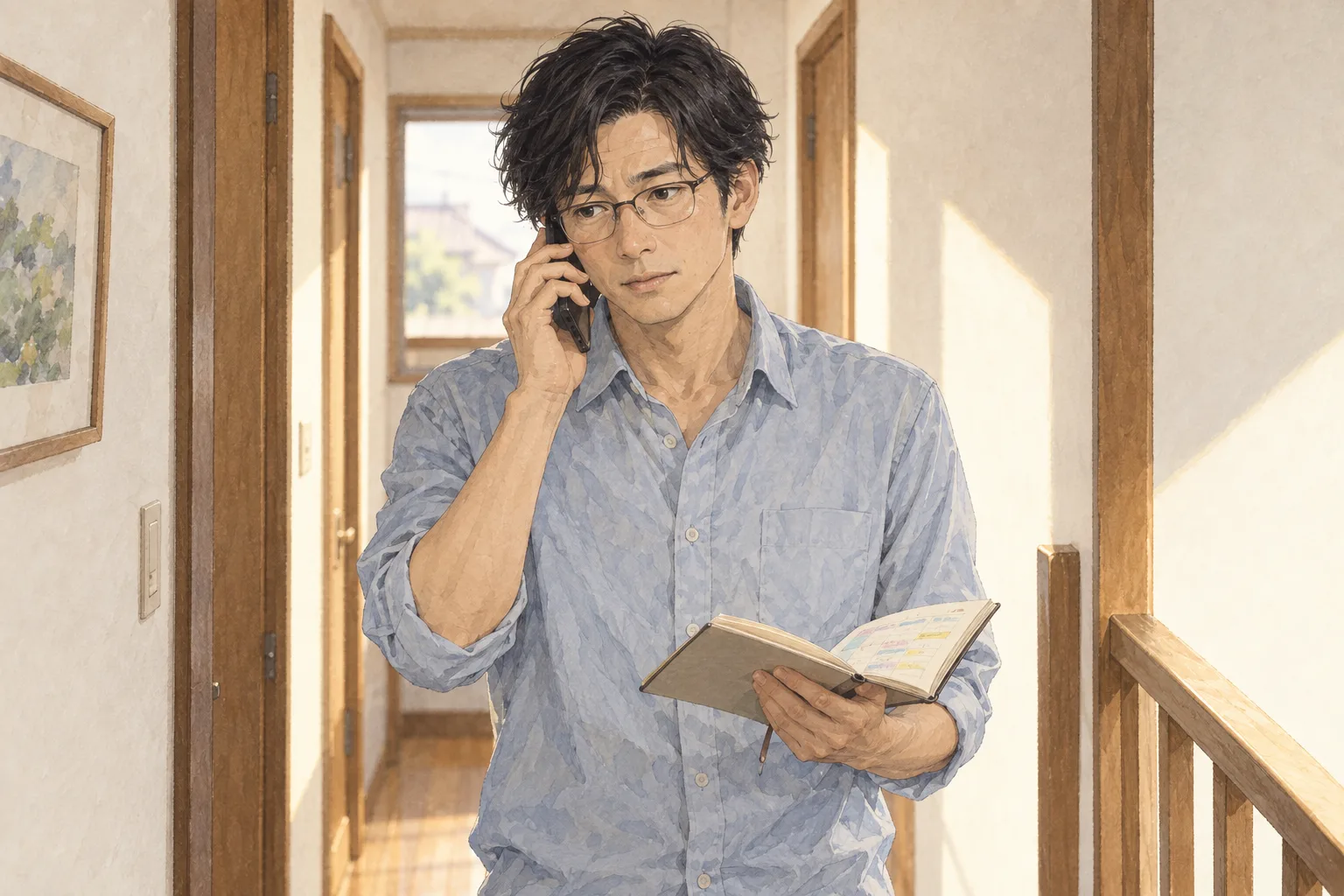 廊下から、明日と家の予定を相談する阿部。