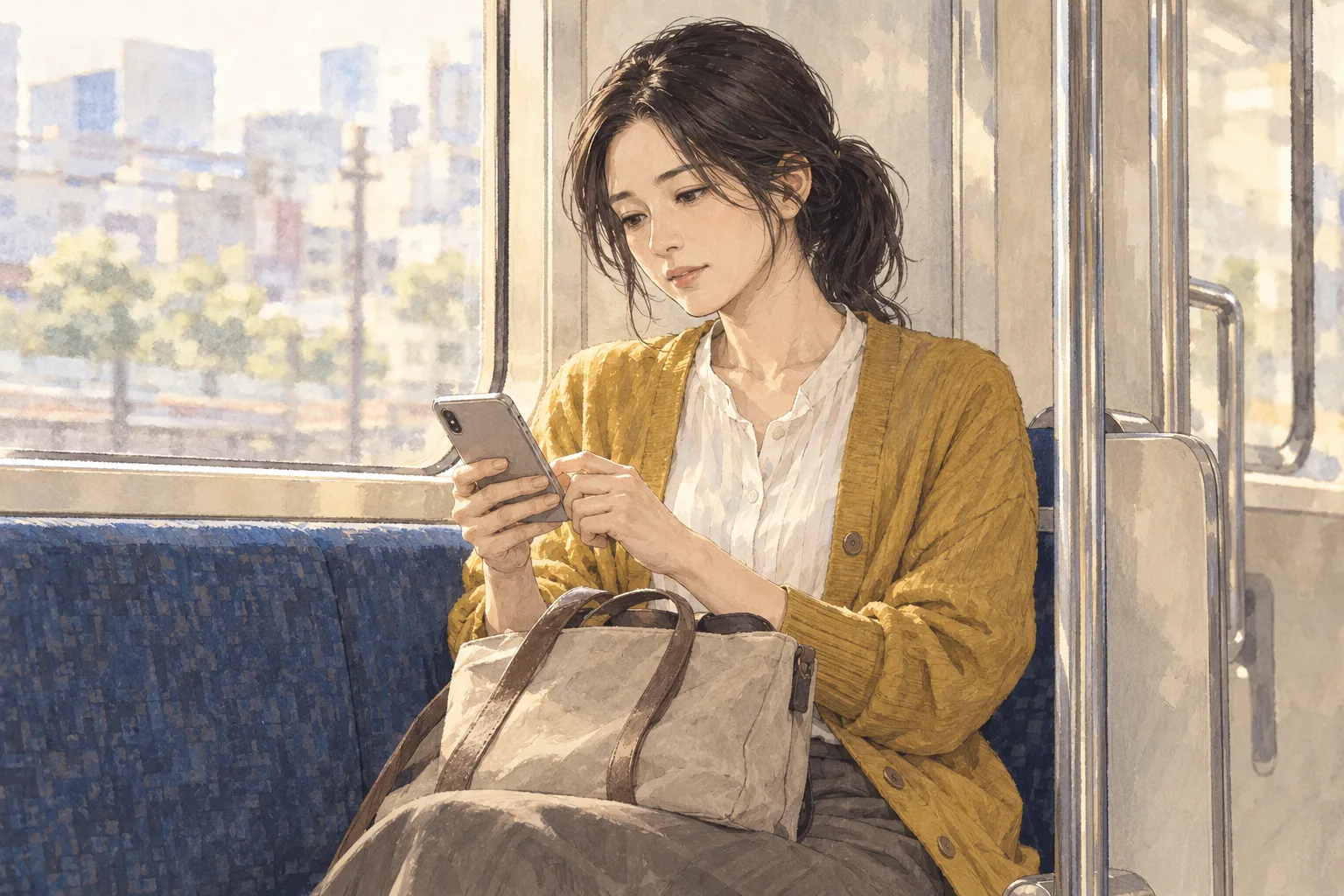 帰りの電車で、条件の異なる求人を一つずつ読む小池。