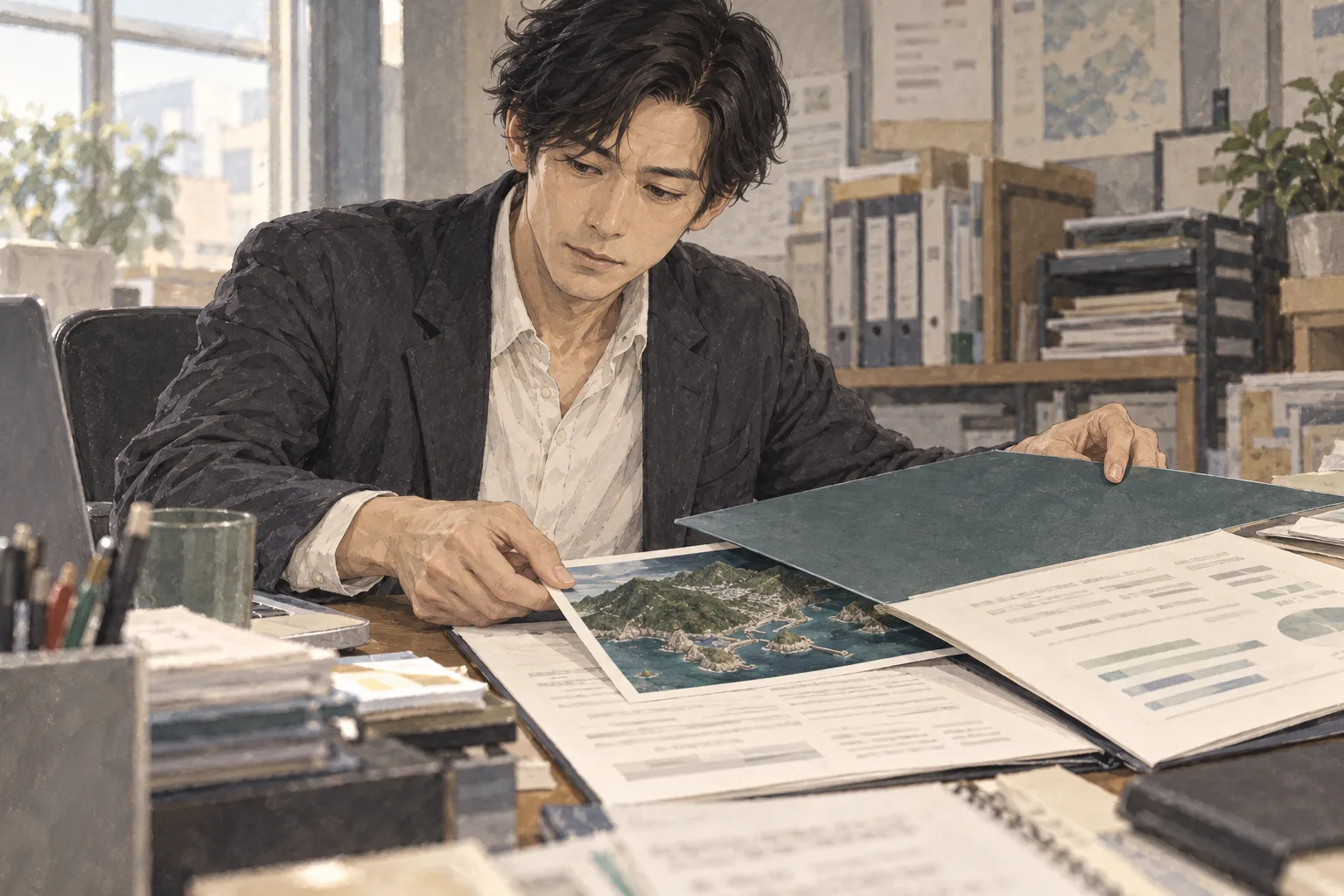 航が会社の提案資料へ澪の個人の立体地図の写真を入れる。手元に地図の写真と提案画面。澪は画面外。作った人の許可なく会社の実績へ移す判断。文は読めない抽象的な行だけ。