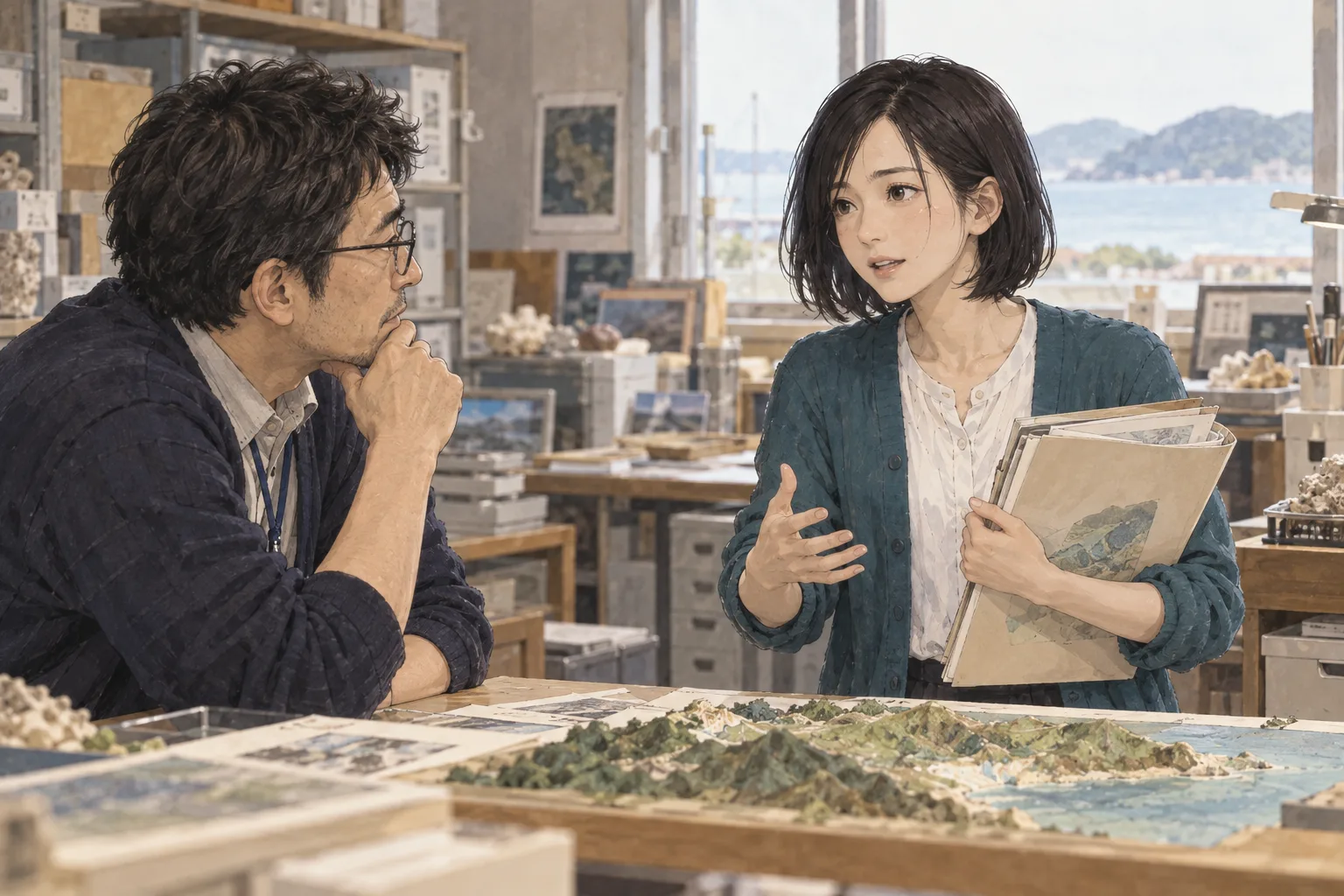 澪が資料館の住田へ、地図を作った自分の立場を説明する。地図と資料を手元にして、他人の言葉を訂正し自分の仕事を守る。百舎の営業ではない。航は不在。