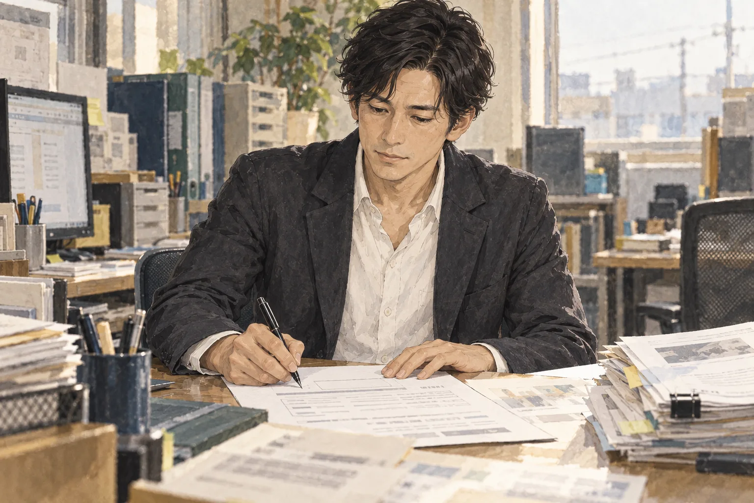 航が調査を止める判断の紙に須田の名を加える。ペンと紙、承認前の手が中心。人物は航だけ。自分の名で進める決裁、読める氏名や金額を画像に入れない。