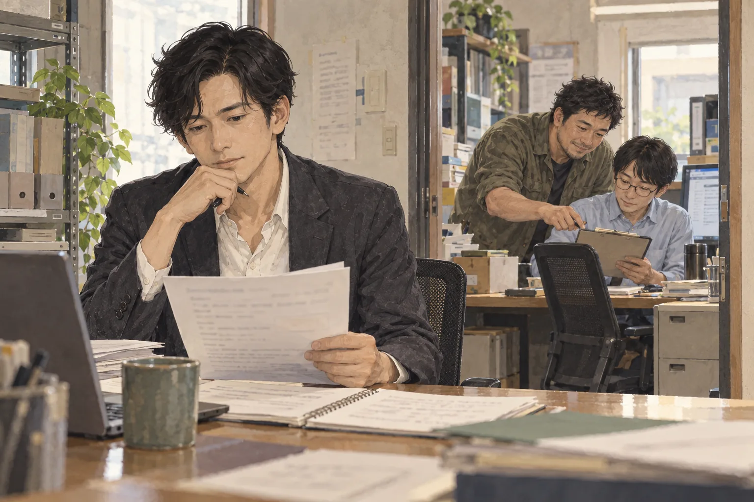 黒崎が帰ったあと、航が修司を調査と新人育成へ移す案の予算をもう一度開く。隣室では修司が阿部へ説明している。残す案でも給与を払えると知っている航。机と表、単なる冷酷な即答にはしない。
