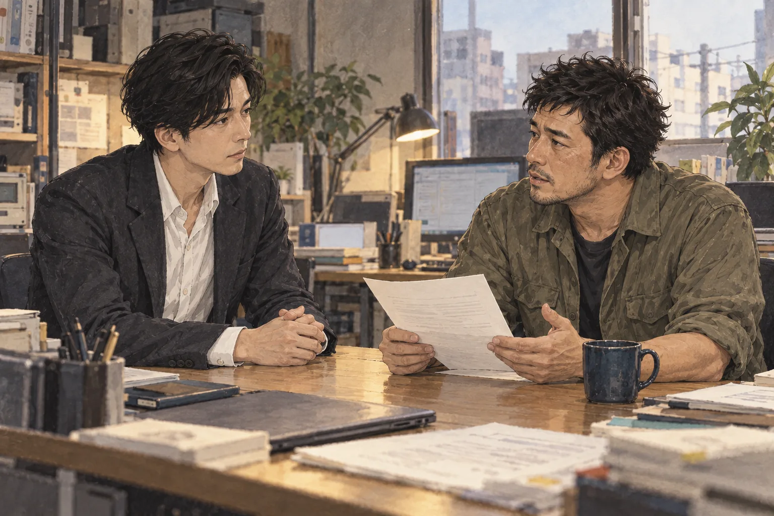 解雇通知を持った修司が航へ、共に作った会社のことを言う。声が詰まり、紙を持ち直す。航は机の向こう。暴力や大げさな絶叫にせず、創業仲間の失った信頼を描く。