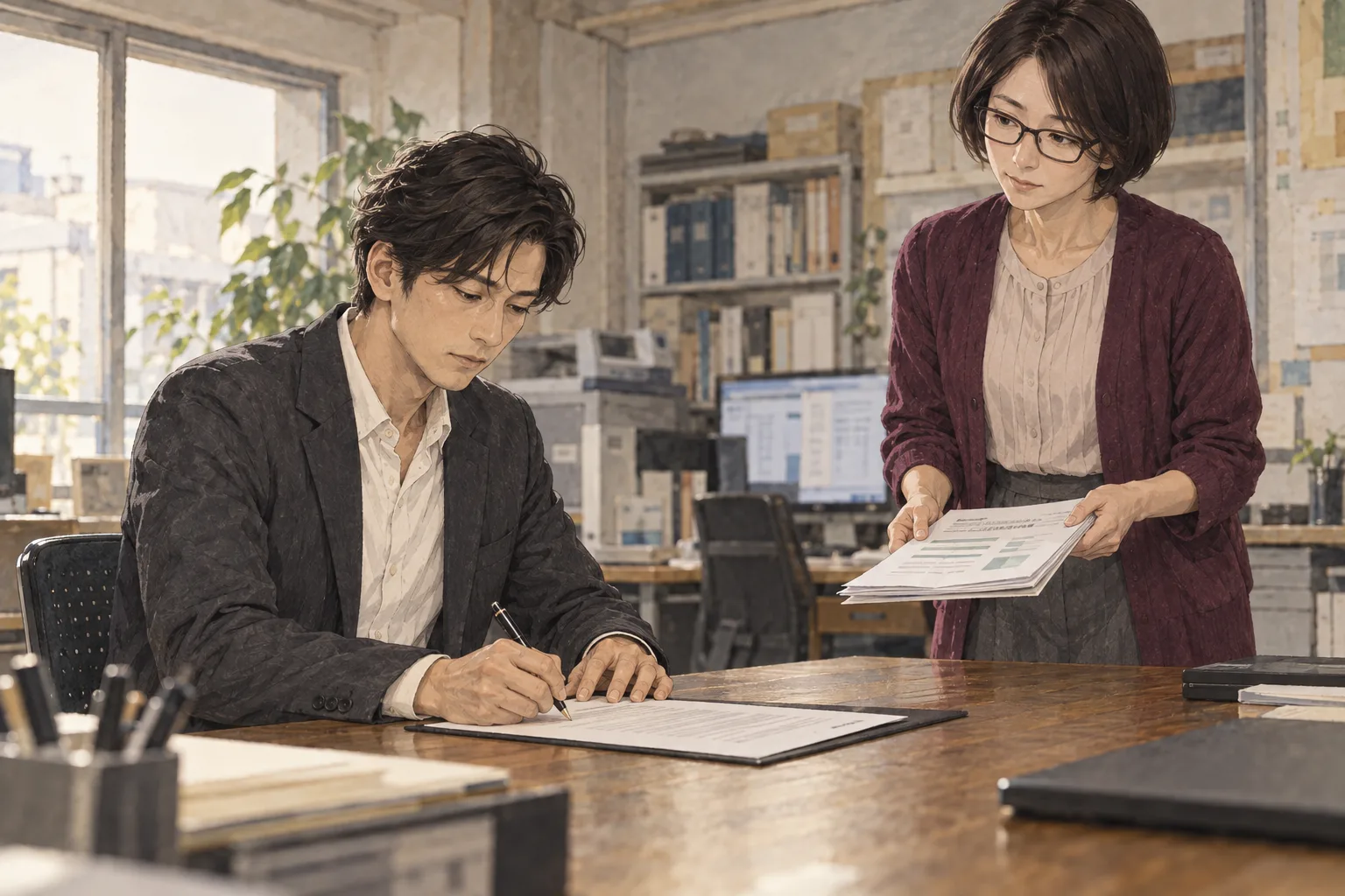 航が解雇の決裁書へ自分の名を署名する。理恵は育成案の予算表を手にして待つ。撤回できた最後の瞬間の後、自分で決める航。修司はこの机にいない。