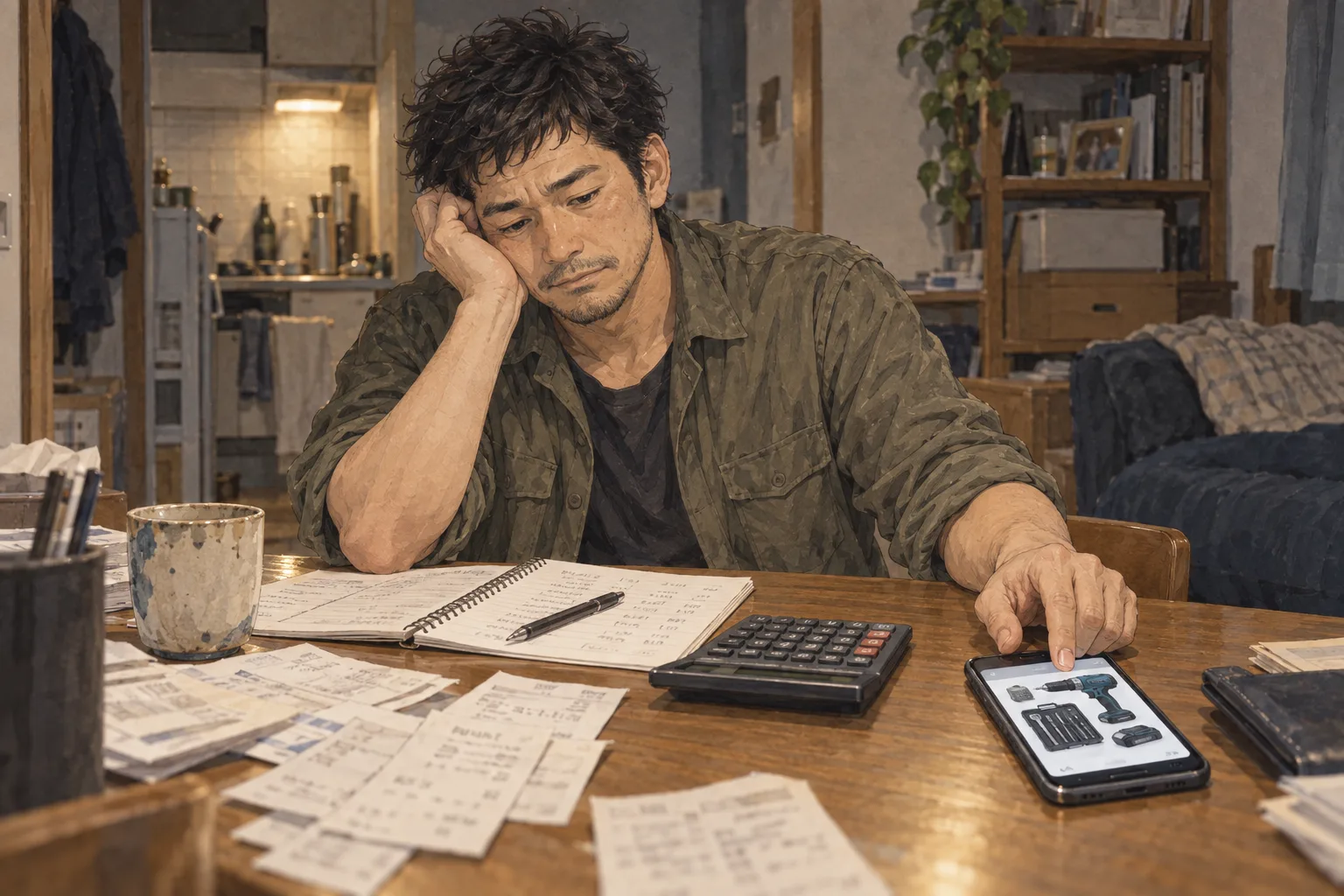 修司が自宅の小さな机で家賃・食費などの紙を計算する。工具の購入候補の写真を閉じ、仕事探しの交通費を足す。生活者として具体的に困る夜。航は不在。