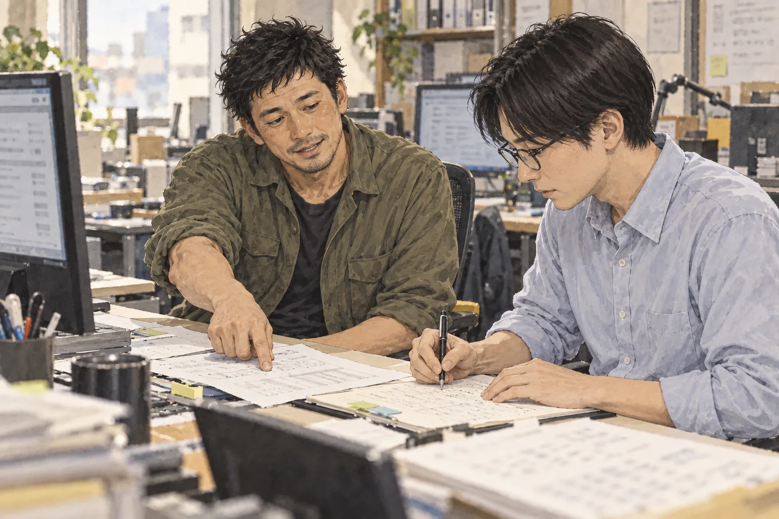 雇用が終わる直前の修司が阿部へ返品一覧を教える。阿部は丸眼鏡と薄青のシャツ、真剣に手順表へ書き足す。退職決定への同意とは別に、残る人が困らないよう働く。