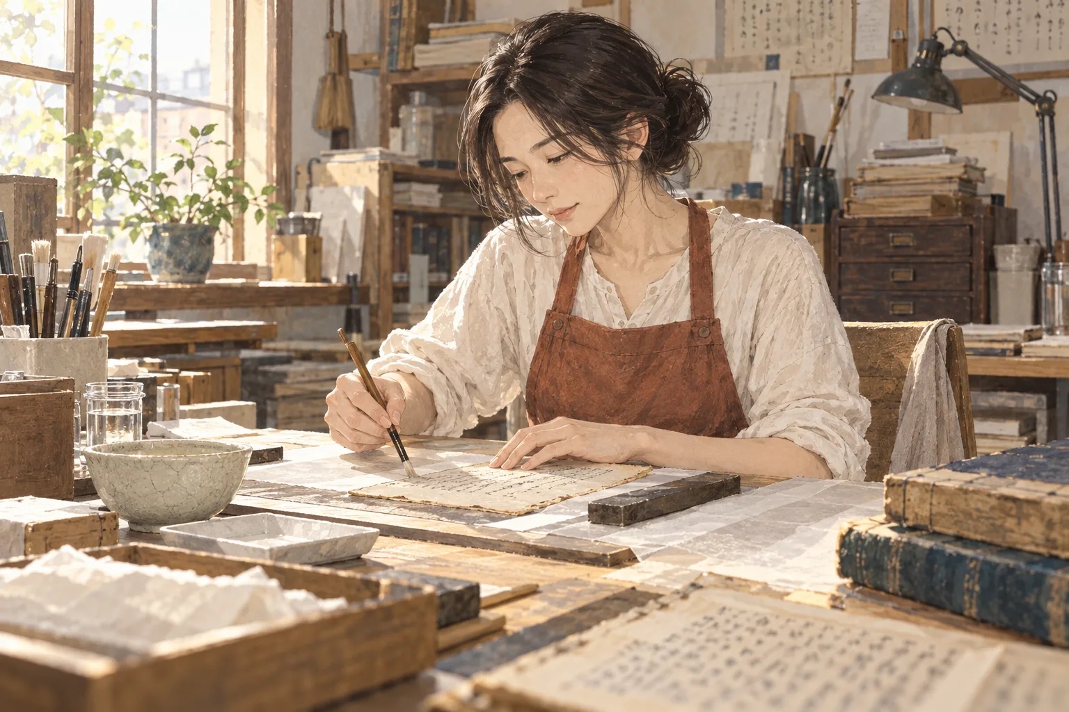 真帆が別の工房の修復机へ本を置き、自分の体に合う椅子へ座る。低い髪のまとめ、生成りのブラウスと茶の作業エプロン。明日の依頼者を迎える準備。航は不在、会社の仕事ではない。