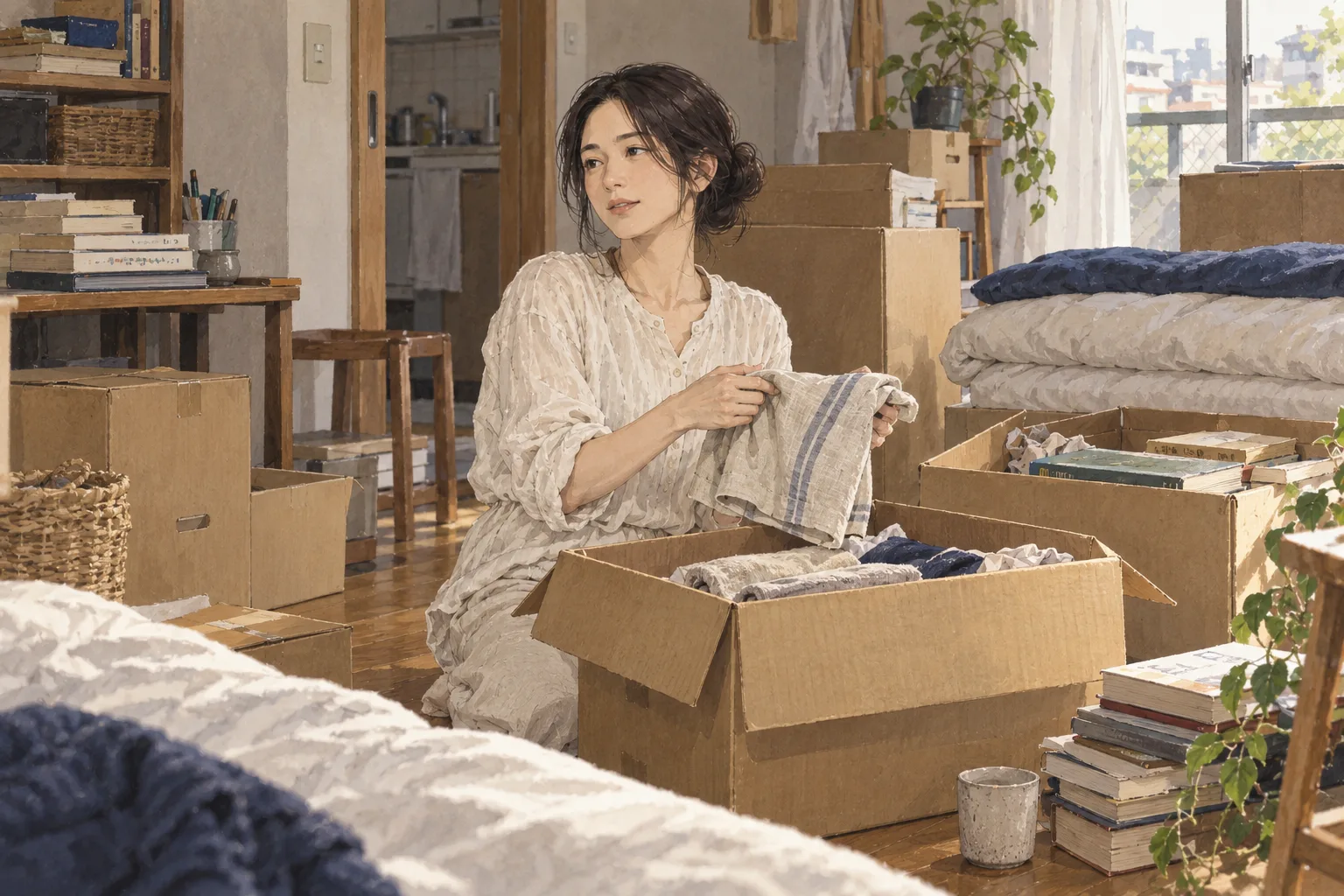 真帆が自宅で工房の本を入れた箱と寝具の箱を分け、航が箱の向こうに立つ。彼女が自分の暮らしの拠点を選ぶ具体的な準備。婚姻を解消した場面にはしない。