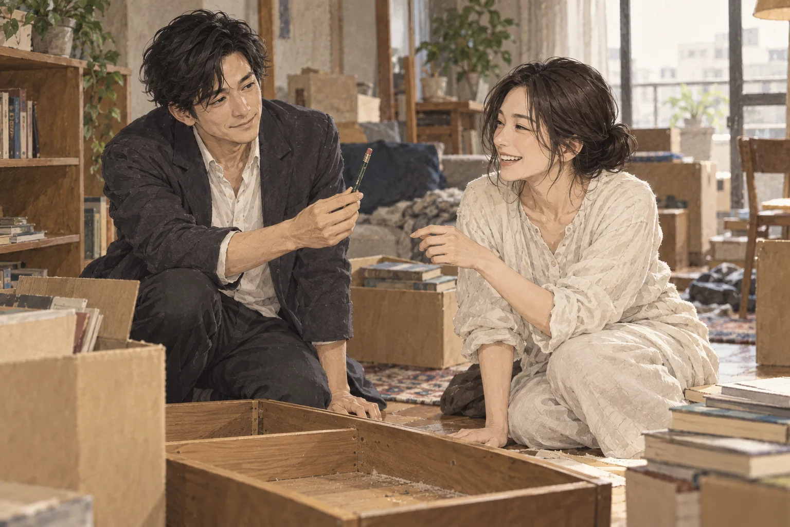 二人で棚を分けたあとの床から短い鉛筆が出てきて、真帆と航が笑う。棚の板と本の箱、床に敷いた布。普通の笑いと手伝う関係は残り、それだけで他の判断を免責しない。