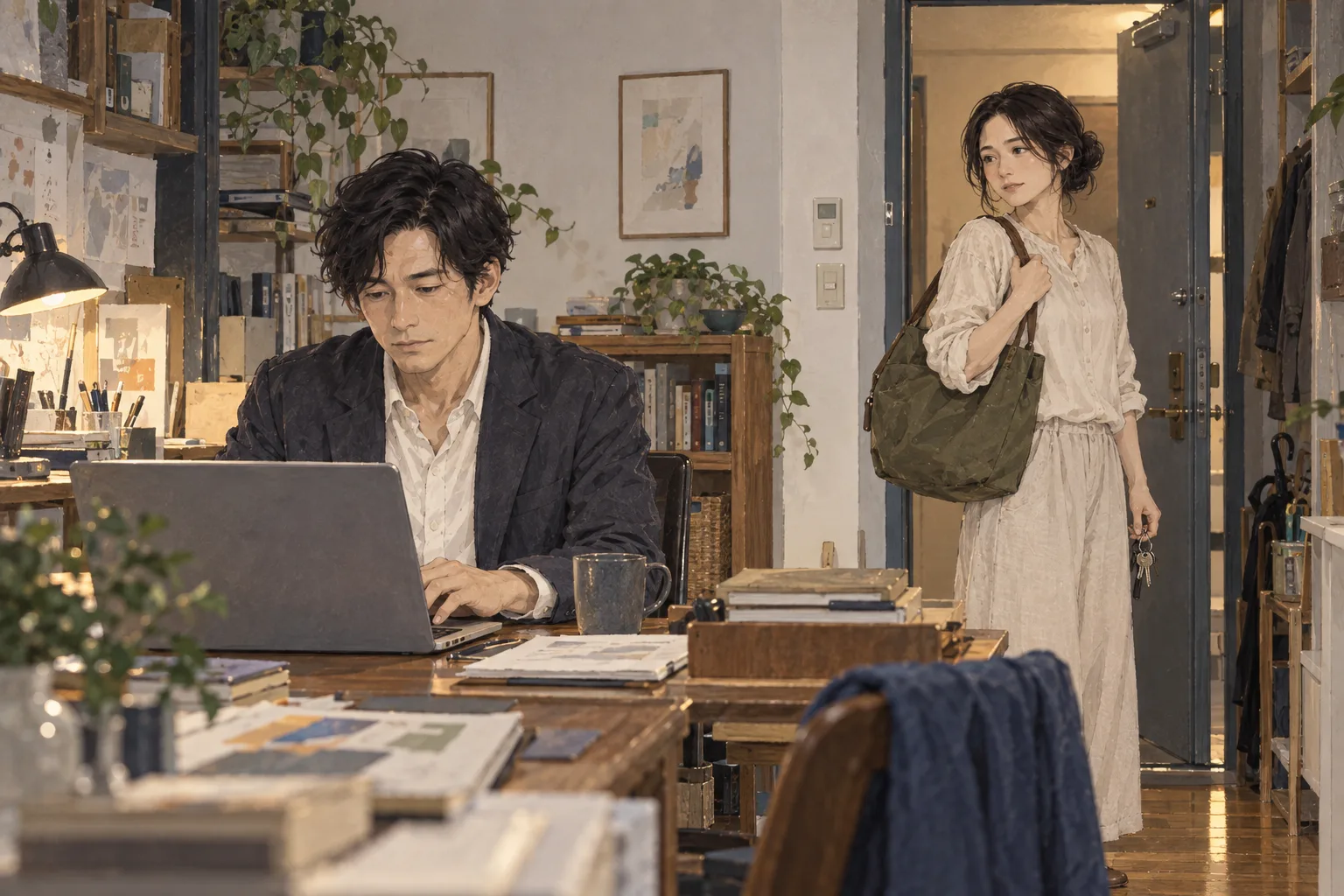 自宅の玄関の棚で真帆が散歩の鍵を持ち、まだ靴を履かず待つ。航は少し離れた食卓の端末と暦を見る。急ぎでない仕事の前に、二人で出られた最後の時間。