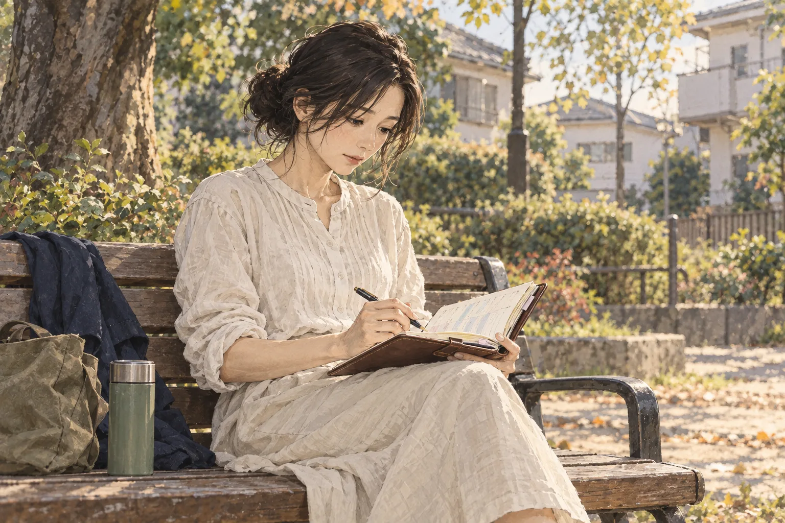 真帆が一人で公園のベンチに座り、引越しの手帳を開く。自分の時刻を取り戻す静かな疲れと安堵。航は不在、同行者を足さない。箱と鍵だけの象徴にしない。