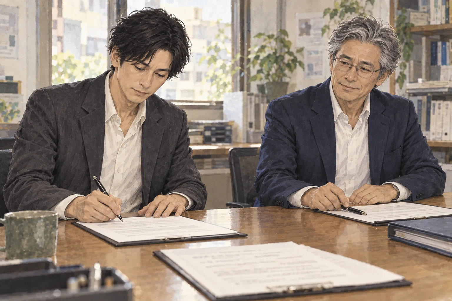 航と黒崎が持分買い取りの書類を普通の会議机で確かめる。創業からの出資の買い取りで、貸付の返済や会社売却ではない。黒崎の眼鏡と落ち着いた表情。外部から強制される言い訳が終わる。