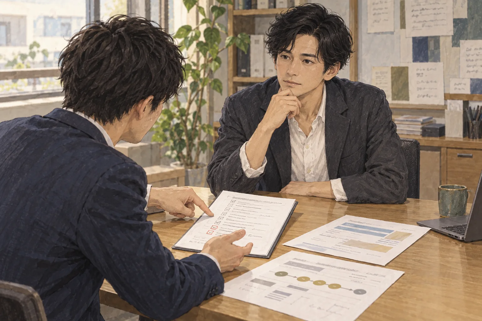 若い経営者が未確認の欄のある資料を見て、航へ質問する。遅い二十代の日本人男性、短い黒髪と灰色の上着。小さな会社の机。航は落ち着いて聞き、借入案と完了案がある。