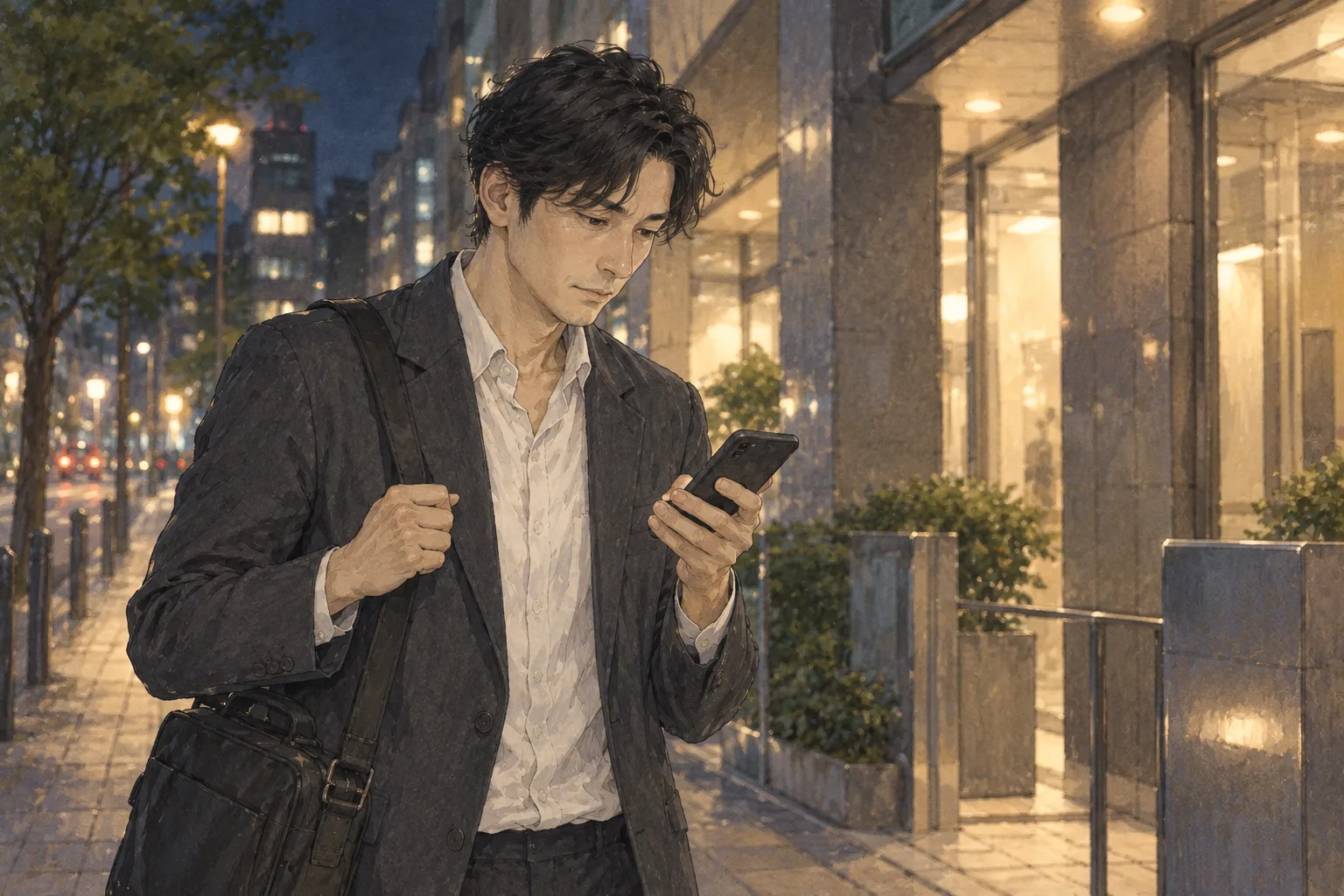 移動の途中、航が携帯で昼の見本だけを開き、短い承認の返事をする。