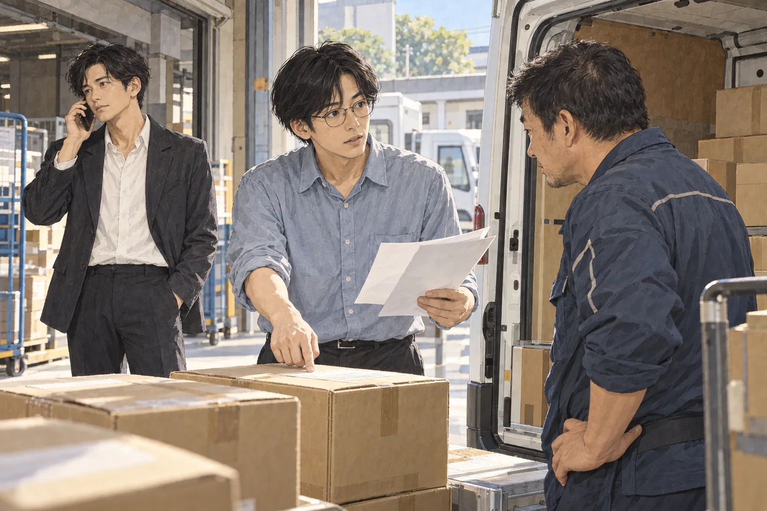 運転手に出発してよいか尋ねられた阿部が箱と配送表を確かめ、航は少し離れて電話を続ける。