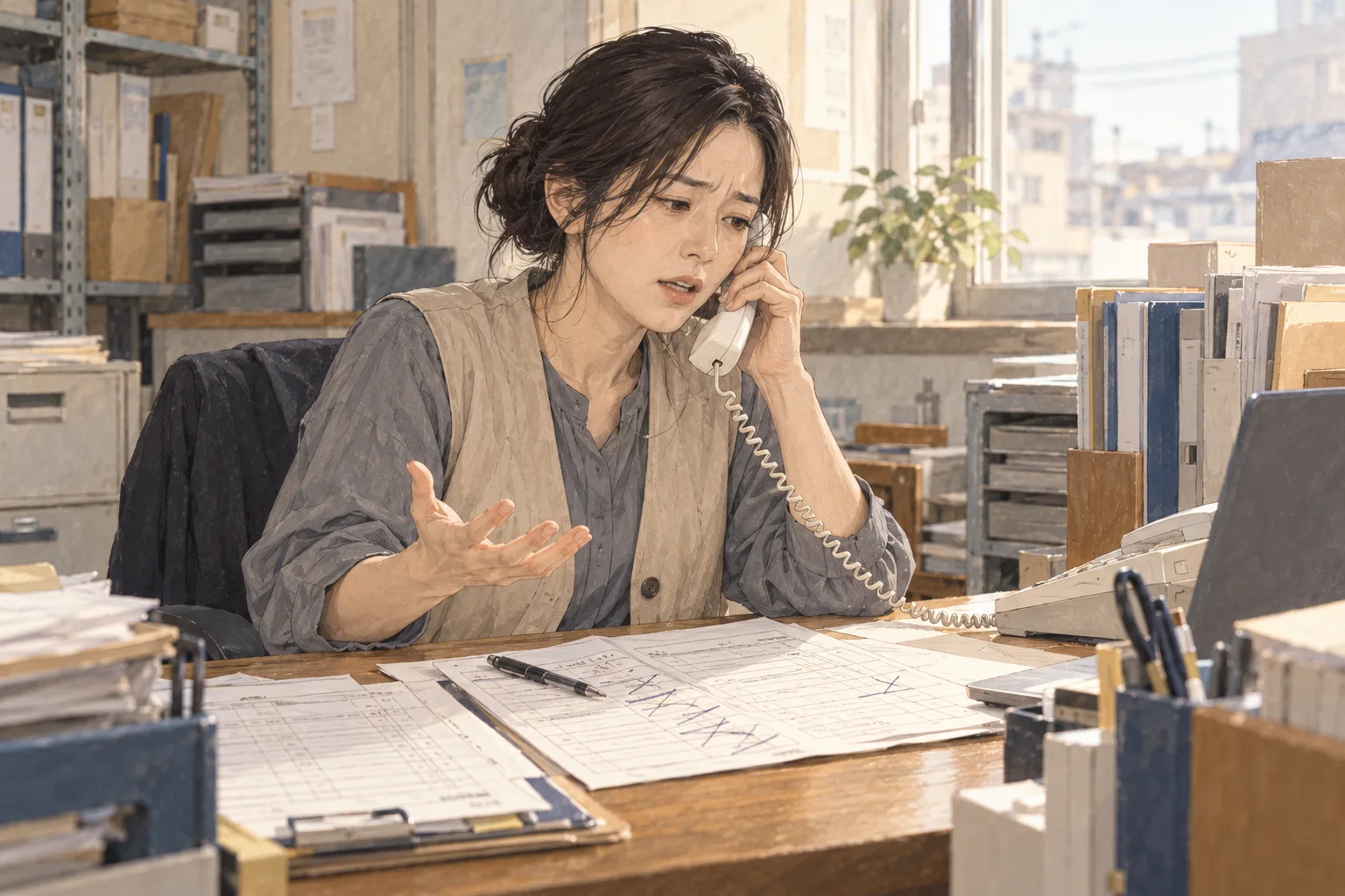 西尾が自分の拠点へ電話し、翌日の応援に予定どおり行けないことを伝える。