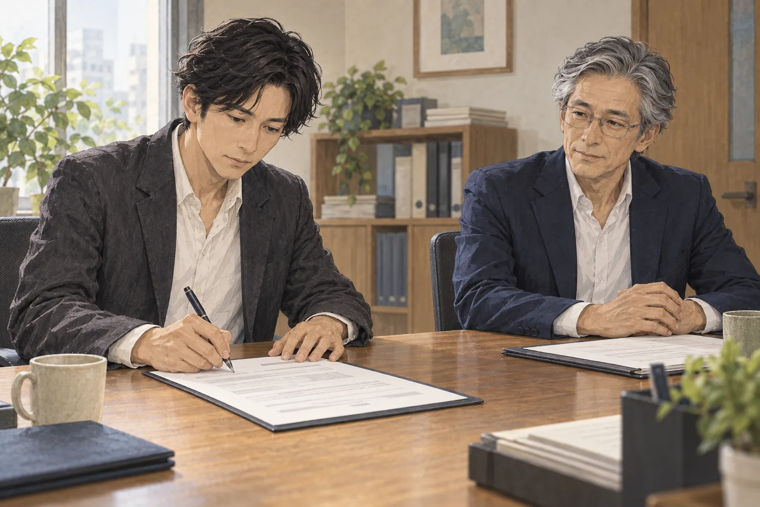 黒崎の前で、航が新人の質問と自分の承認を残した報告書へ署名する。