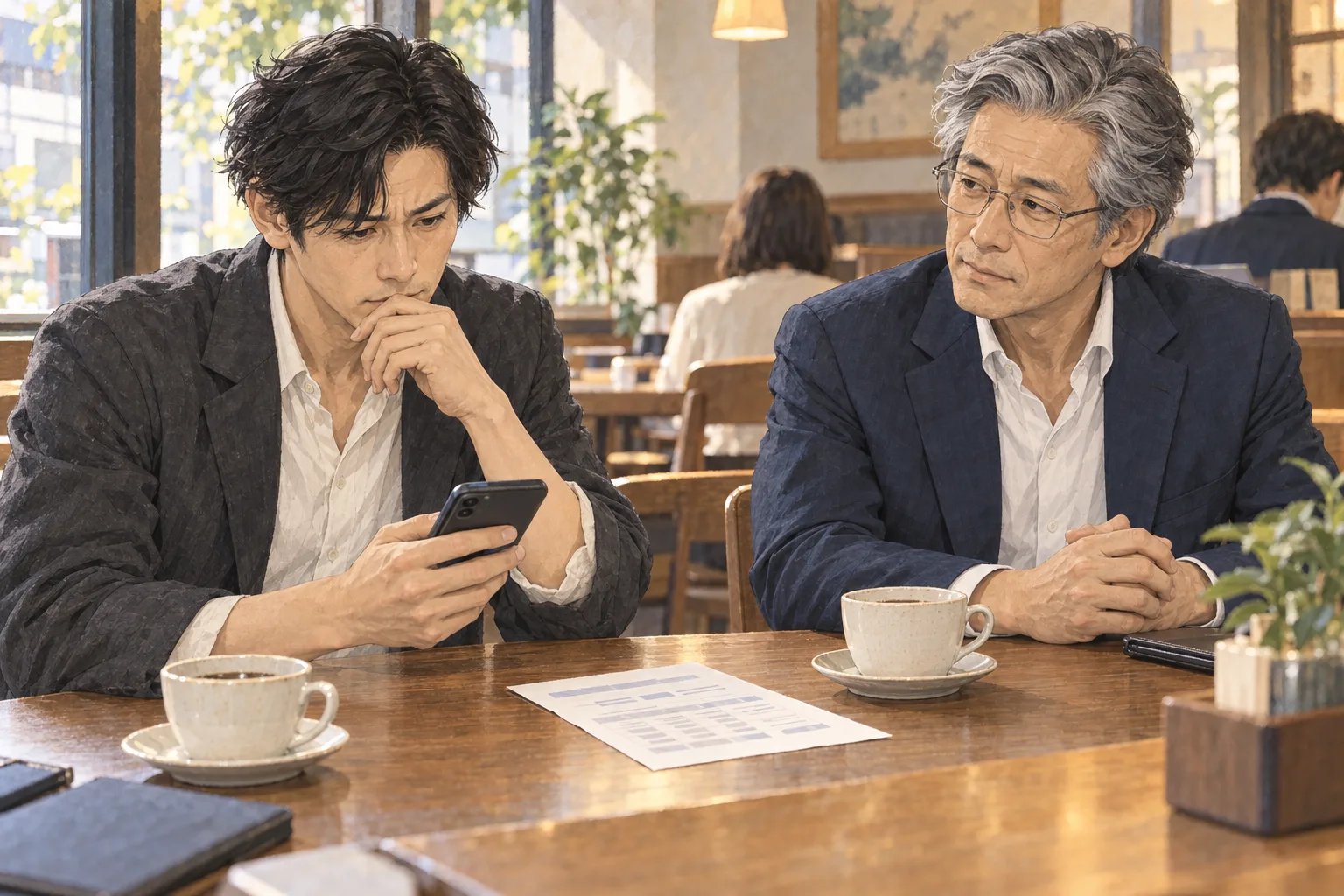 喫茶店で航が携帯の返済表を開き、黒崎の置いた小さな紙の金額と見比べる。