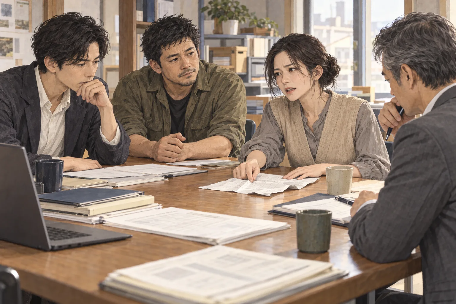 会議で西尾が、早く帰れると伝えた職場で、自分が使い方を覚えていないと思われている苦しさを話す。