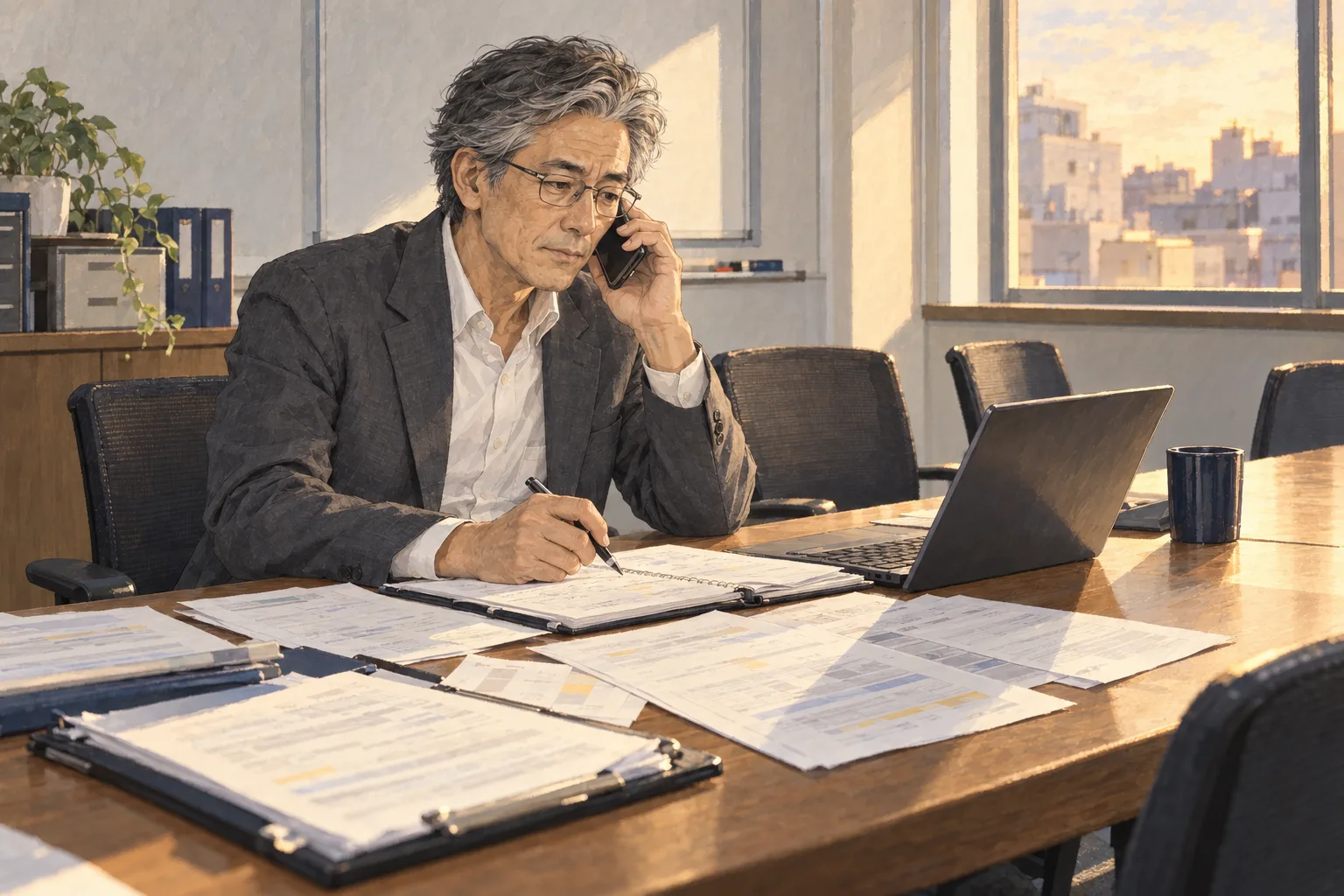 会議が終わっても水原は席に残り、応援者と以前の業者へ連絡する段取りを確かめる。