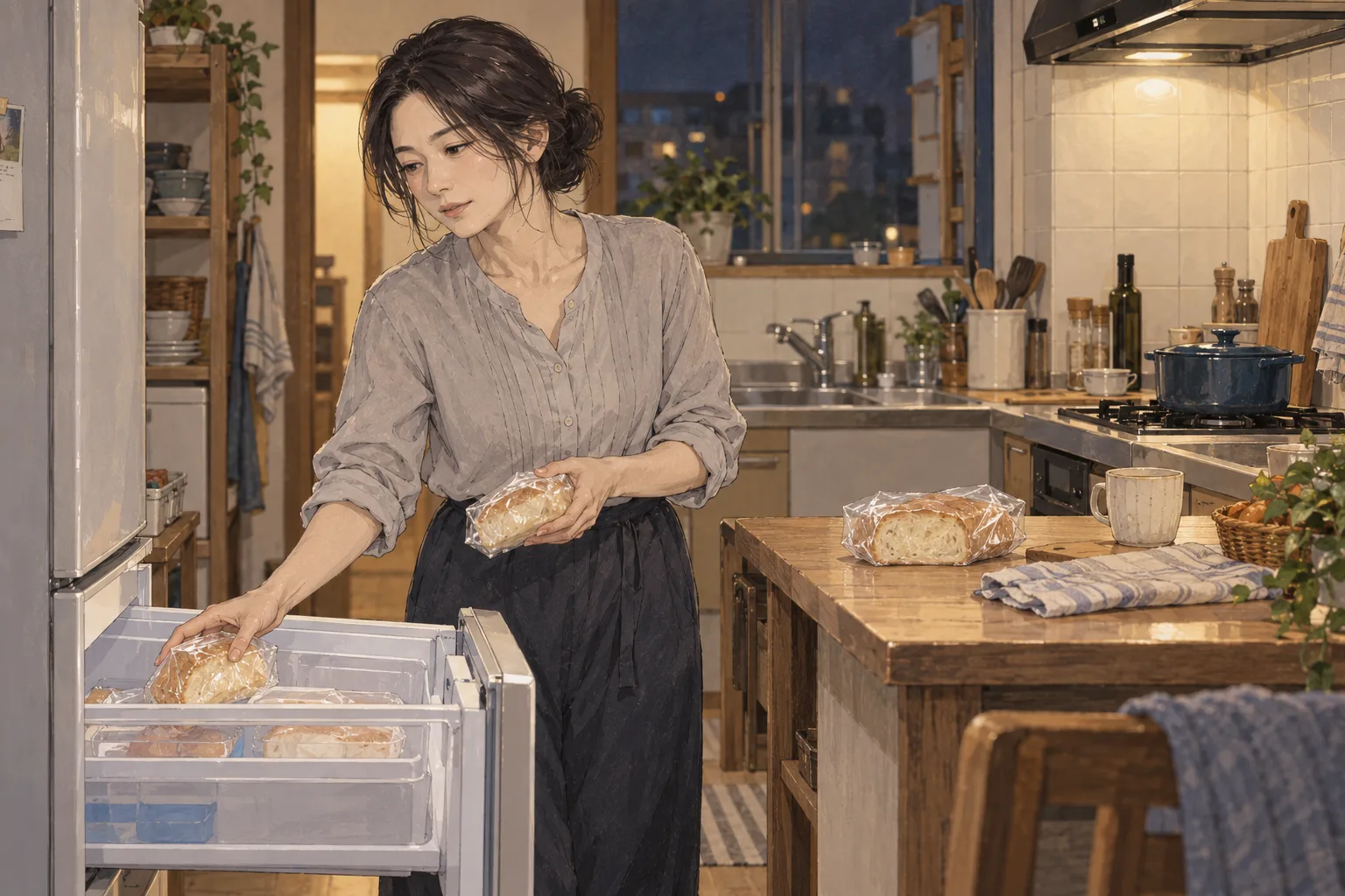 西尾は帰宅後、翌日のために買ったパンを袋から出して冷凍する。