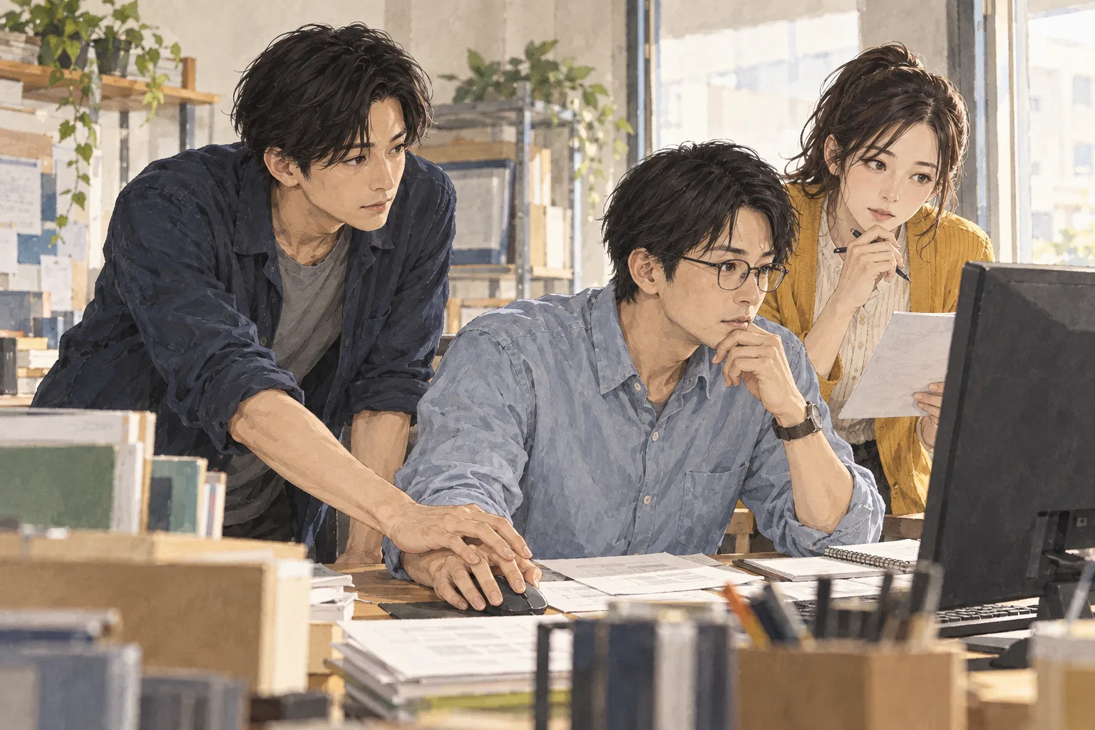 練習で設定を先に合わせてしまった阿部を岡野が止め、小池も質問の途中へ戻る。
