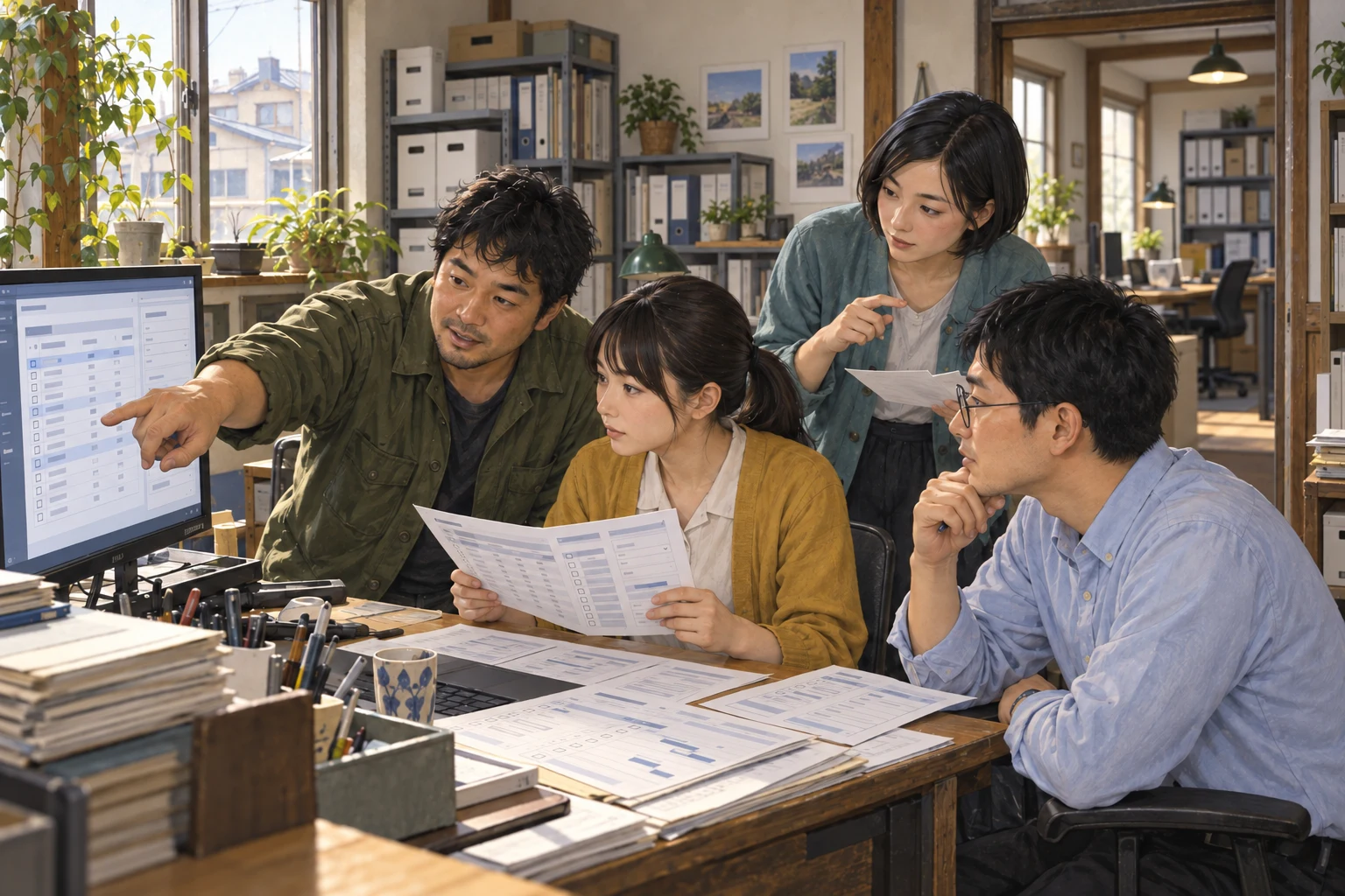修司と澪が新入社員の小池と阿部へ、現場で使う画面と説明用の紙を教える。