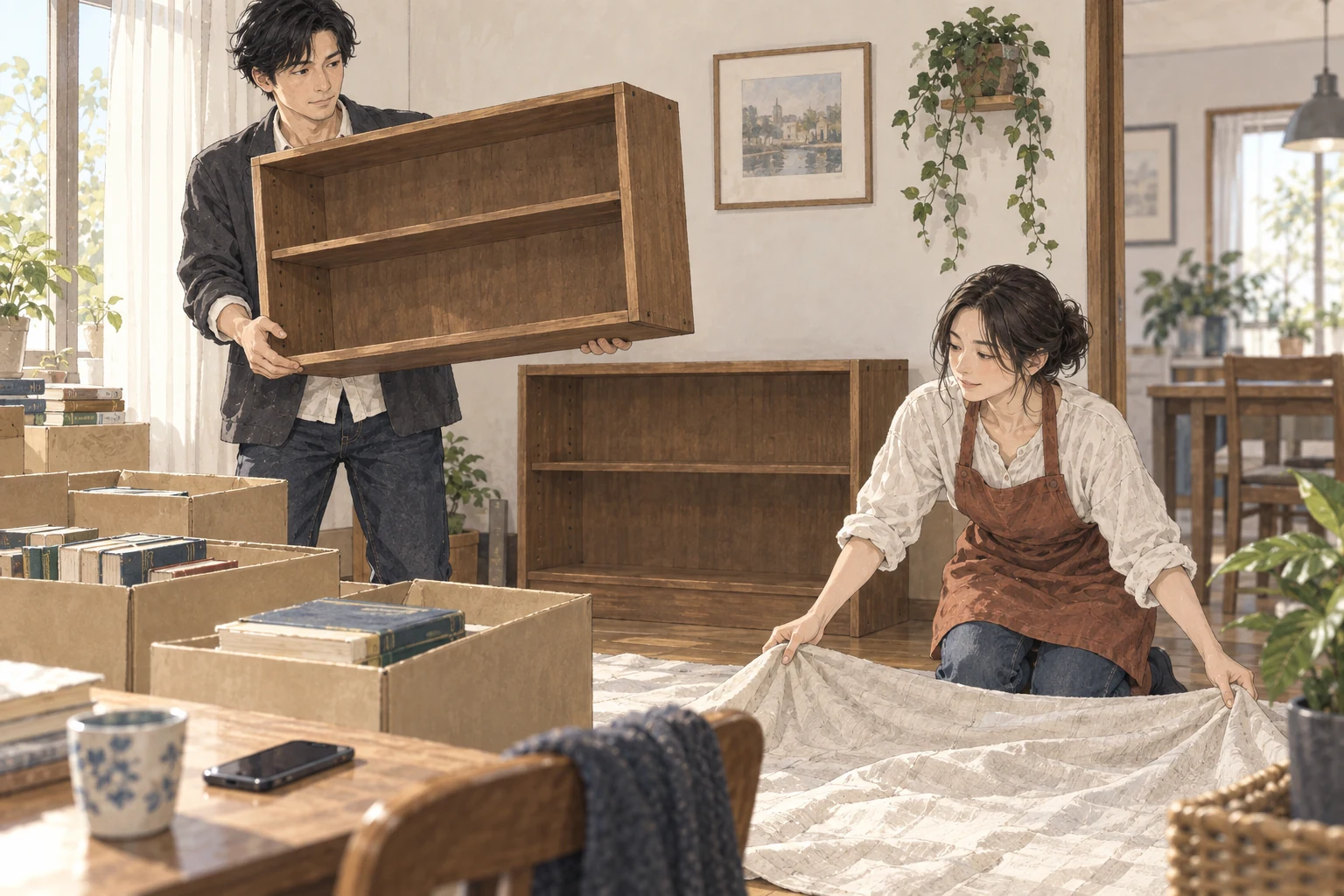 本を箱へ移した自宅で、航が空になった棚の上半分を両手で支え、真帆が床に敷く布を用意する。
