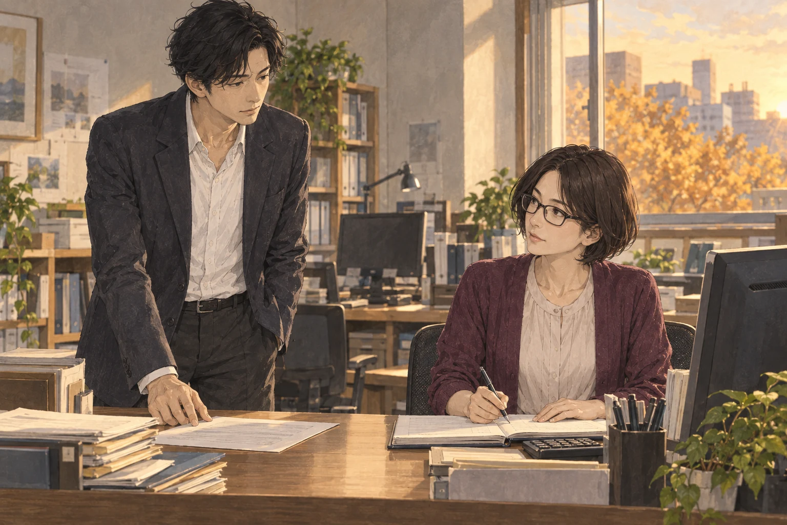 十月の百舎で、航が不正な支出を承認する一方、理恵はその回答を帳簿のそばに書き留めている。