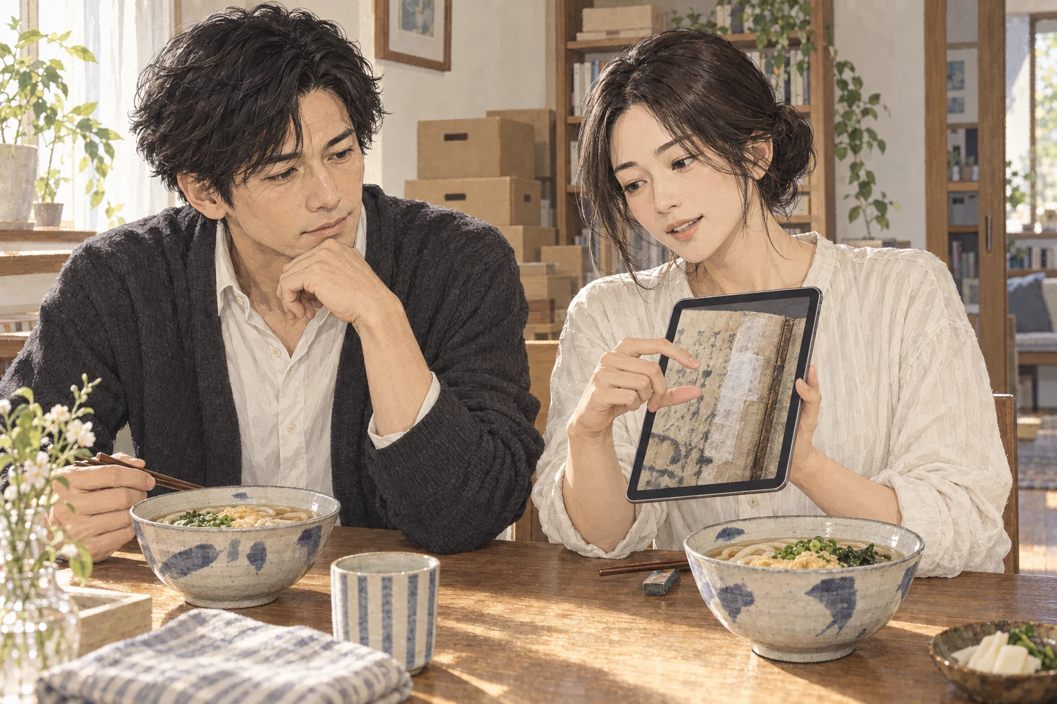 土曜の昼、自宅のうどんの食卓で、真帆は修復した帳面の写真を航へ見せている。