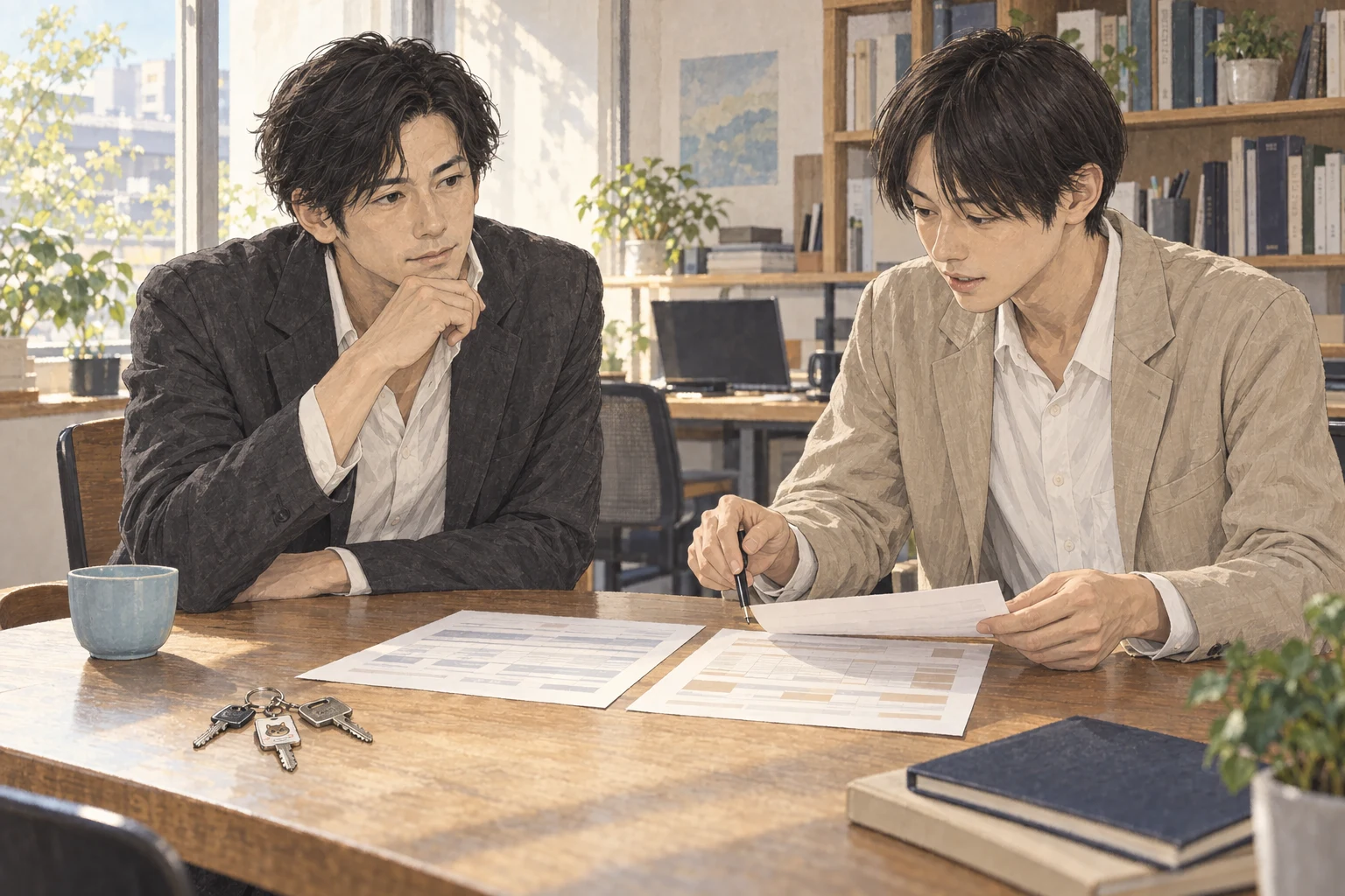 六月、黒崎の持分を買い取った航が、若い取引先の代表へ二つの案を示して返事を待っている。机の端には返された三人分の鍵がある。