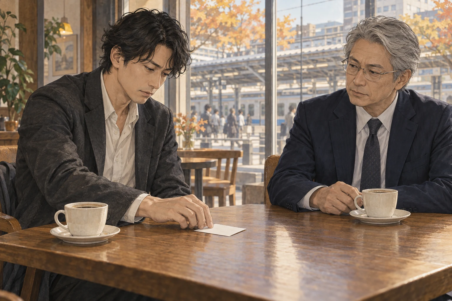駅の喫茶店で航が小さな紙を裏返し、向かいの黒崎がコーヒーを手にその判断を見ている。