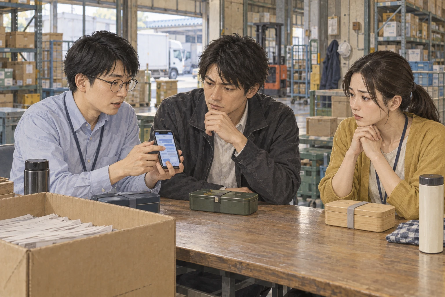 配送拠点の机で阿部が問い合わせの履歴を示し、航と小池が画面を見ている。小池の前の弁当はまだ蓋が閉じている。