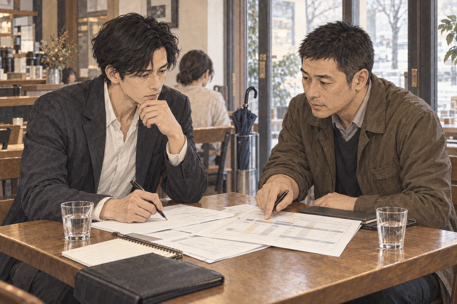 店の小さなテーブルで、航と榎本が向かい合い、見積もりの紙を広げて費用を書き直している。榎本の濡れた傘は入口に置かれている。