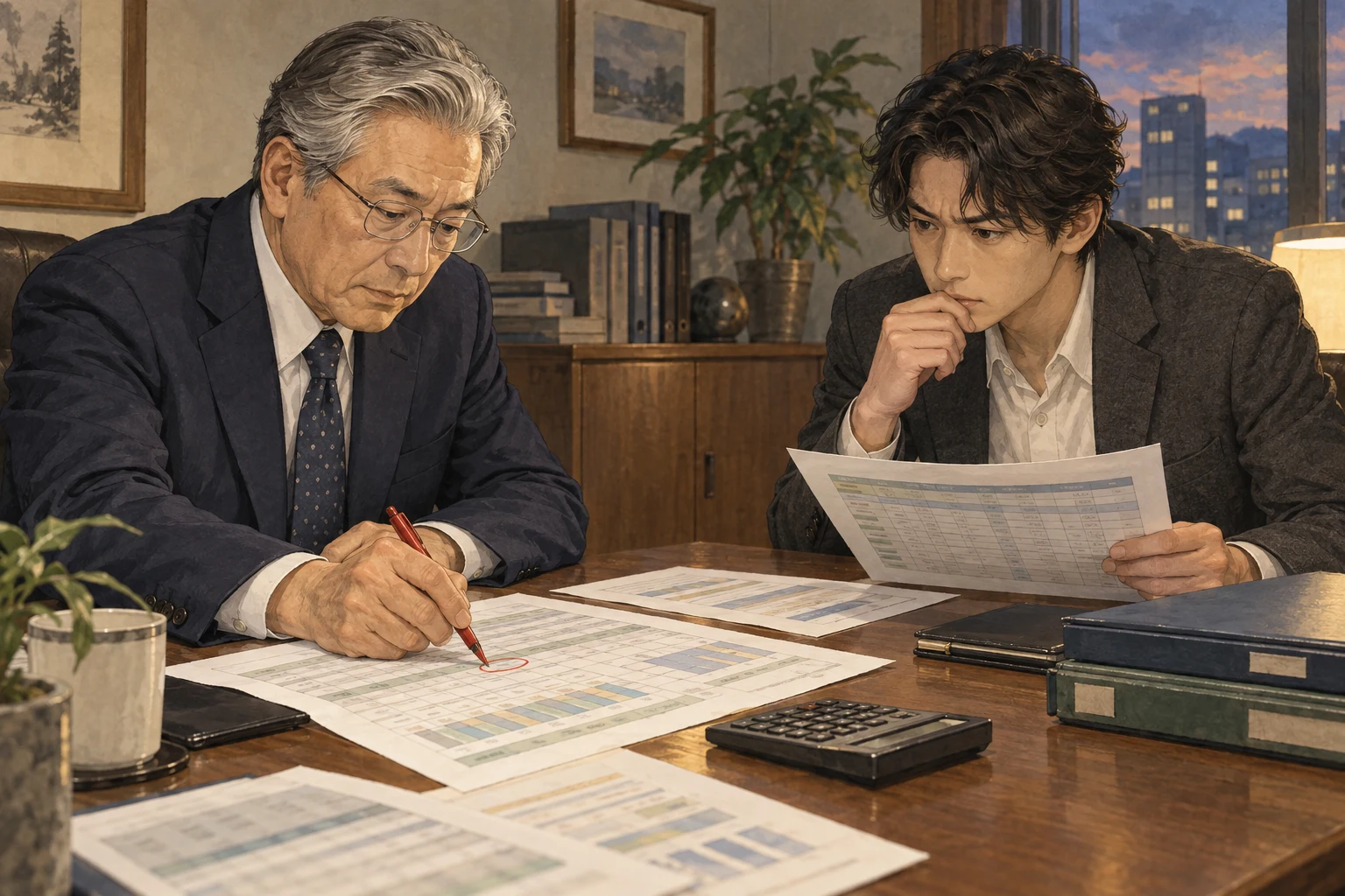 航が資金表を開き、黒崎が先に借りた金額の欄へ赤ペンで丸を付ける。給与と育成の時間を守る追加融資の相談が続いている。