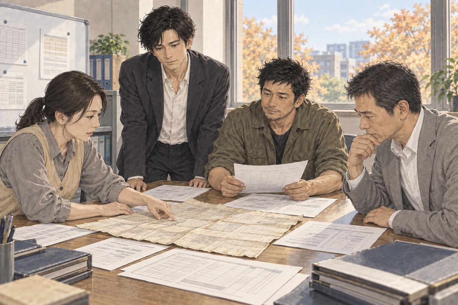 西尾が折り目のついた古い配送表を広げ、航、修司、水原と四人で現場の日程を見直している。