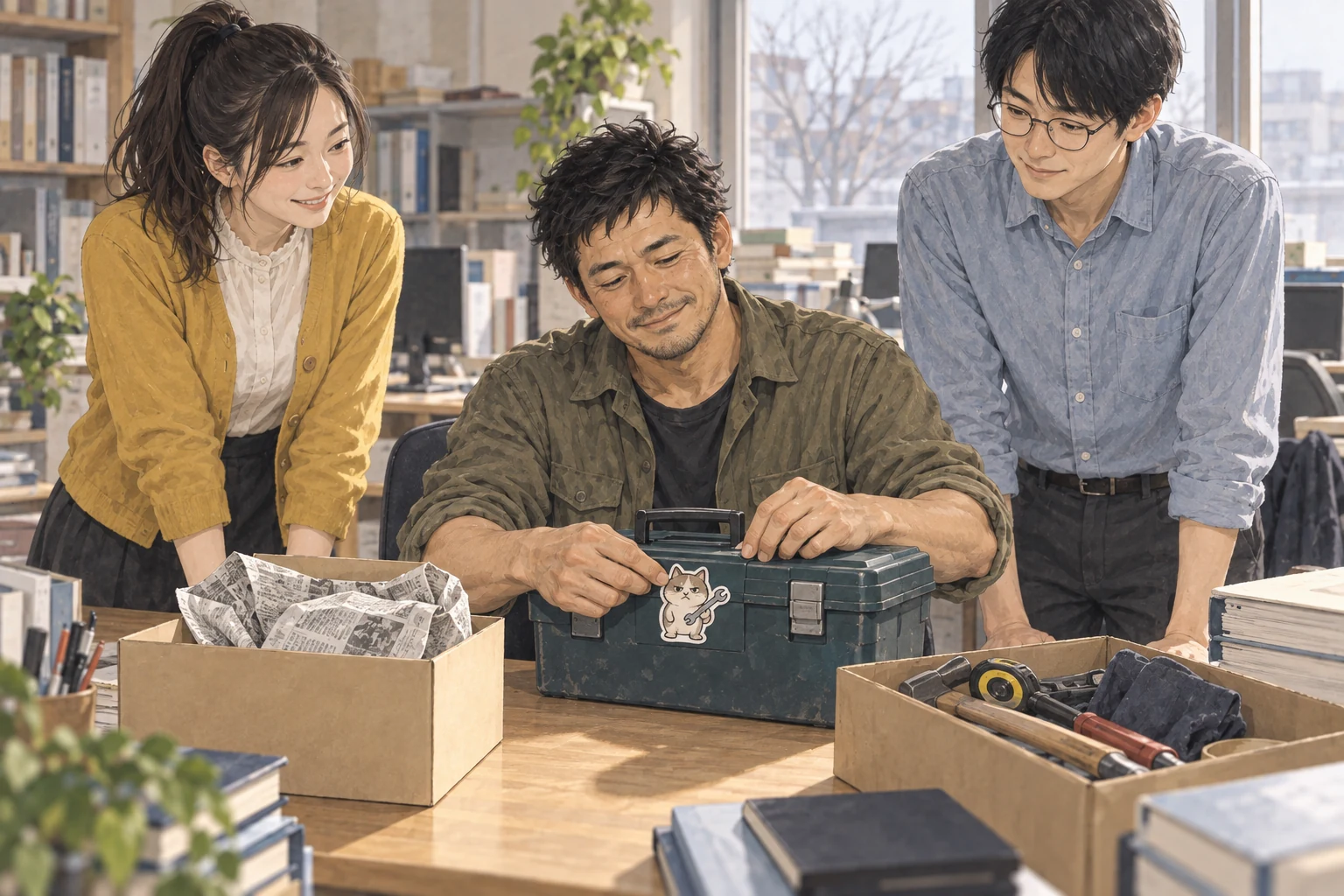 仕事納めの百舎で、修司が工具を持った猫のステッカーを自分の工具箱へ貼る。小池と阿部がそばに立ち、机には湯呑みを包んだ新聞紙と小さな箱がある。