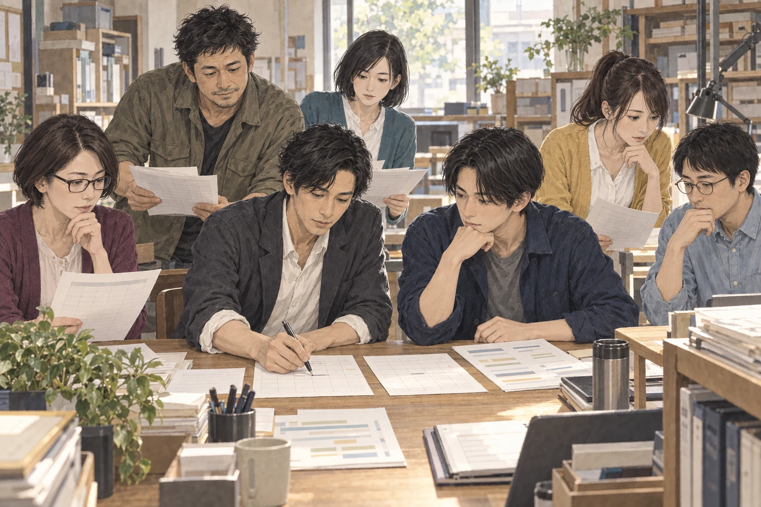 机へ二週間の予定表を並べた七人の前で、航が岡野の改善作業に残す時間を書き入れる。