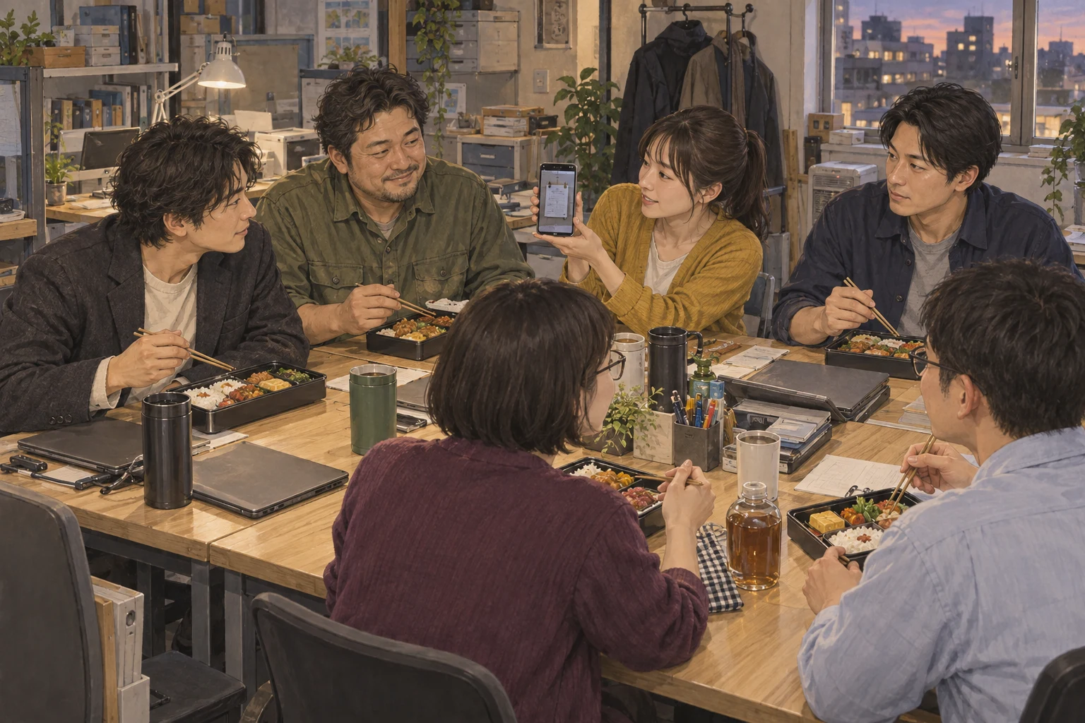 十二拠点の切替を終えた夕方、百舎の六人が弁当を広げ、小池の撮った現場の手順表の写真を見る。